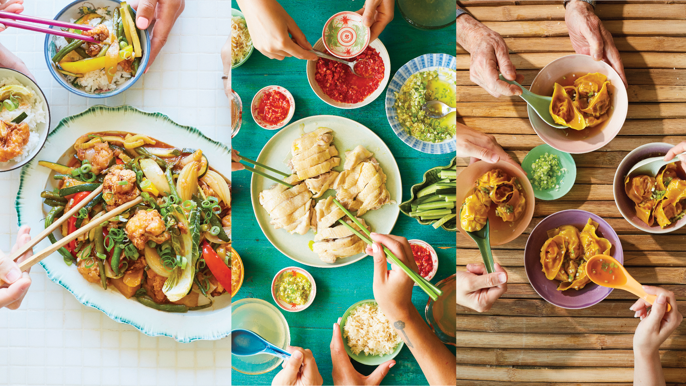 Three images each showing low carbon Chicken Rice, Sweet & Sour 'Pork' and Wonton Dumpling Soup 