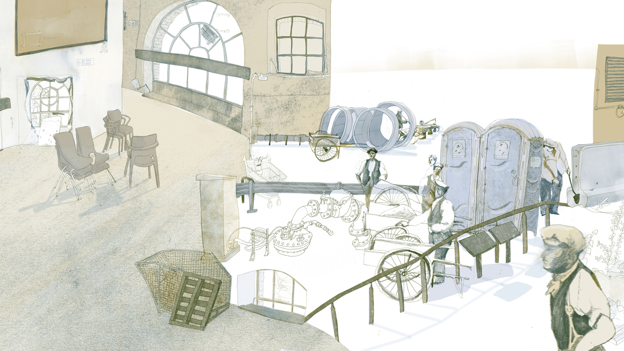 Illustration of interior of derelict industrial building and exterior with workpeople pushing barrows in 1940s clothes
