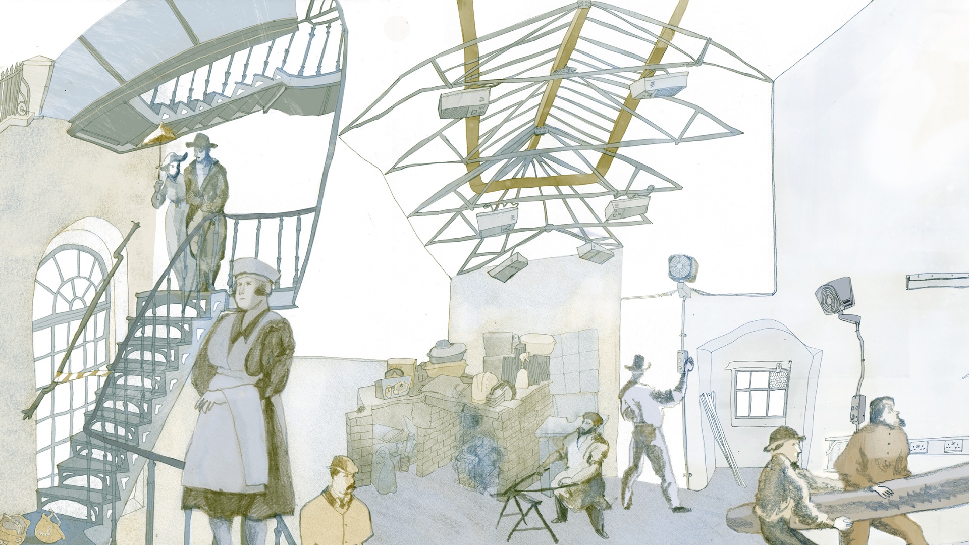 Illustration of interior of derelict industrial building with workpeople in clothes from different periods