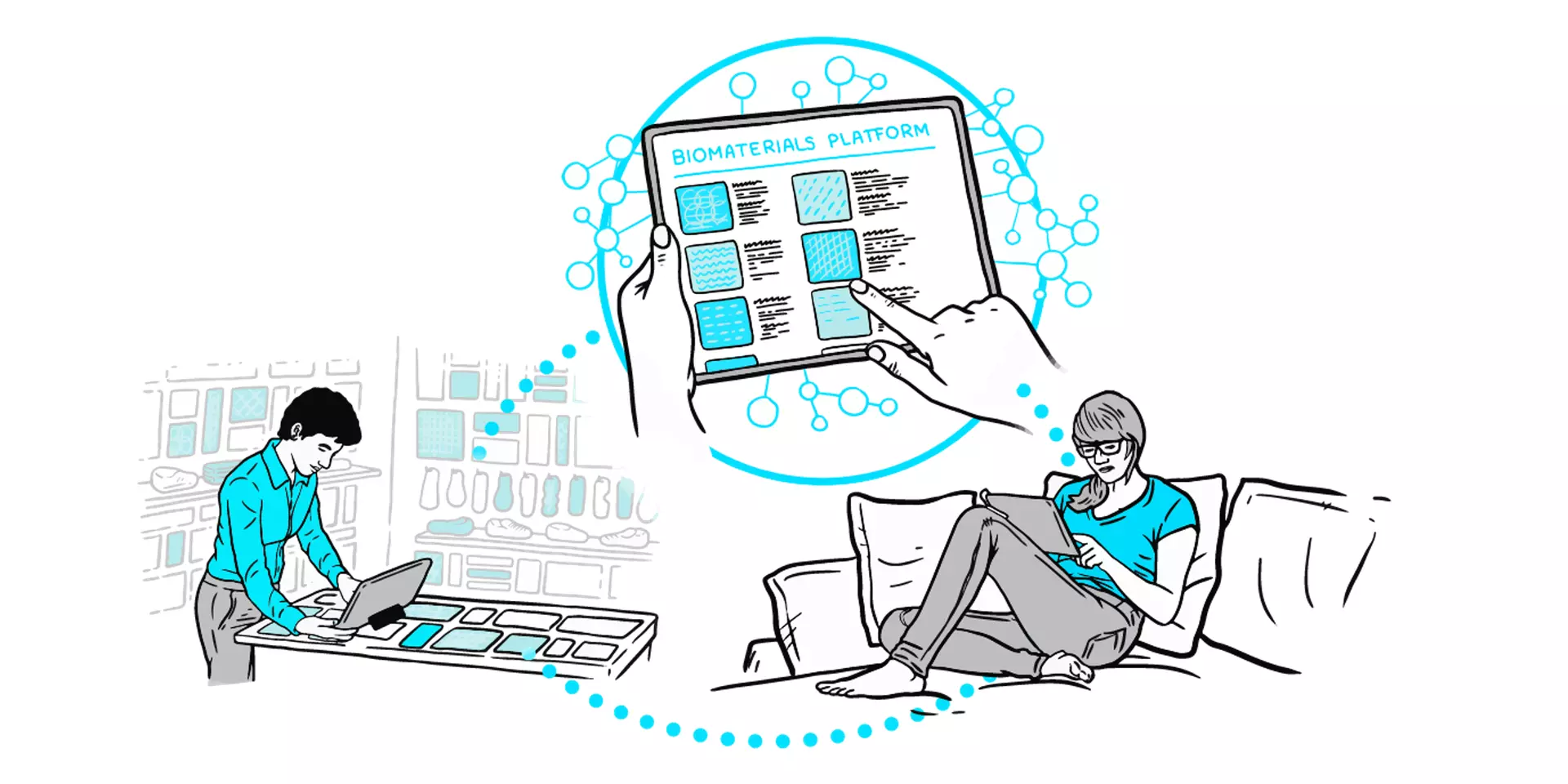 Illustration of 2 people using the supply chain access platform digital tool