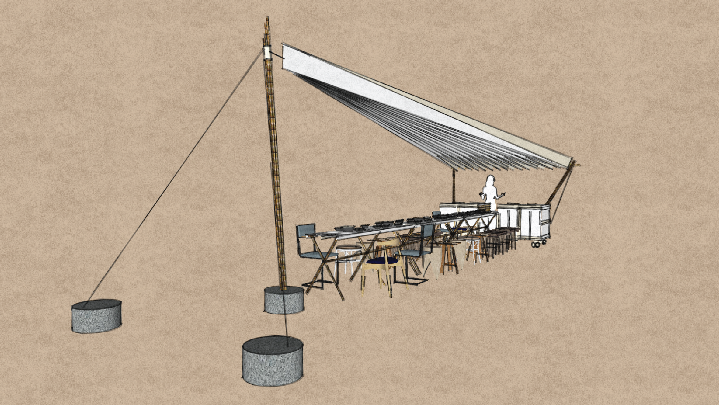 A sketch of the pop up structure, made of low carbon bamboo, recycled envirohoard panels and tyvek. 