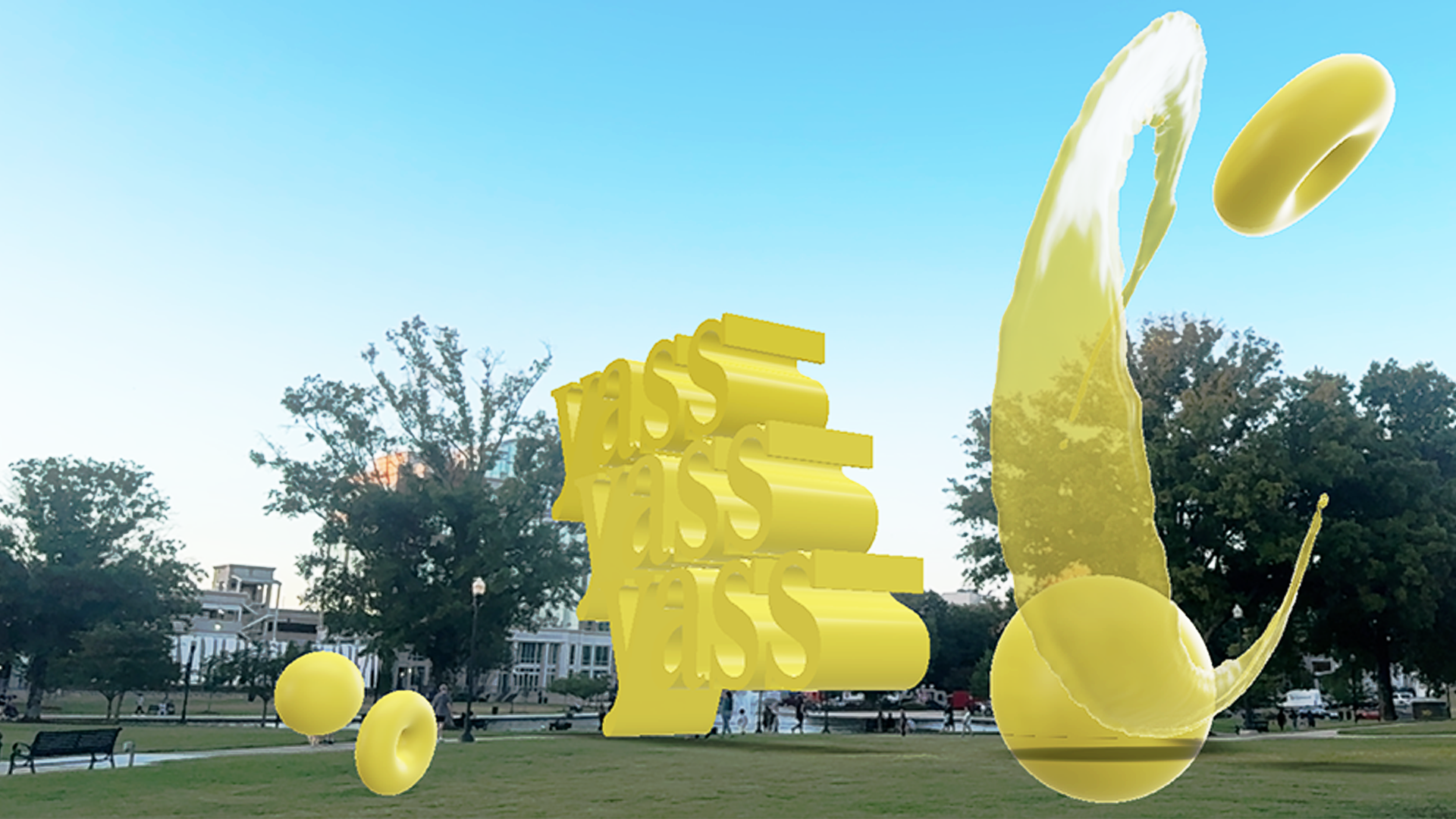 Image of augmented reality typography in a city park that reads "Yass"