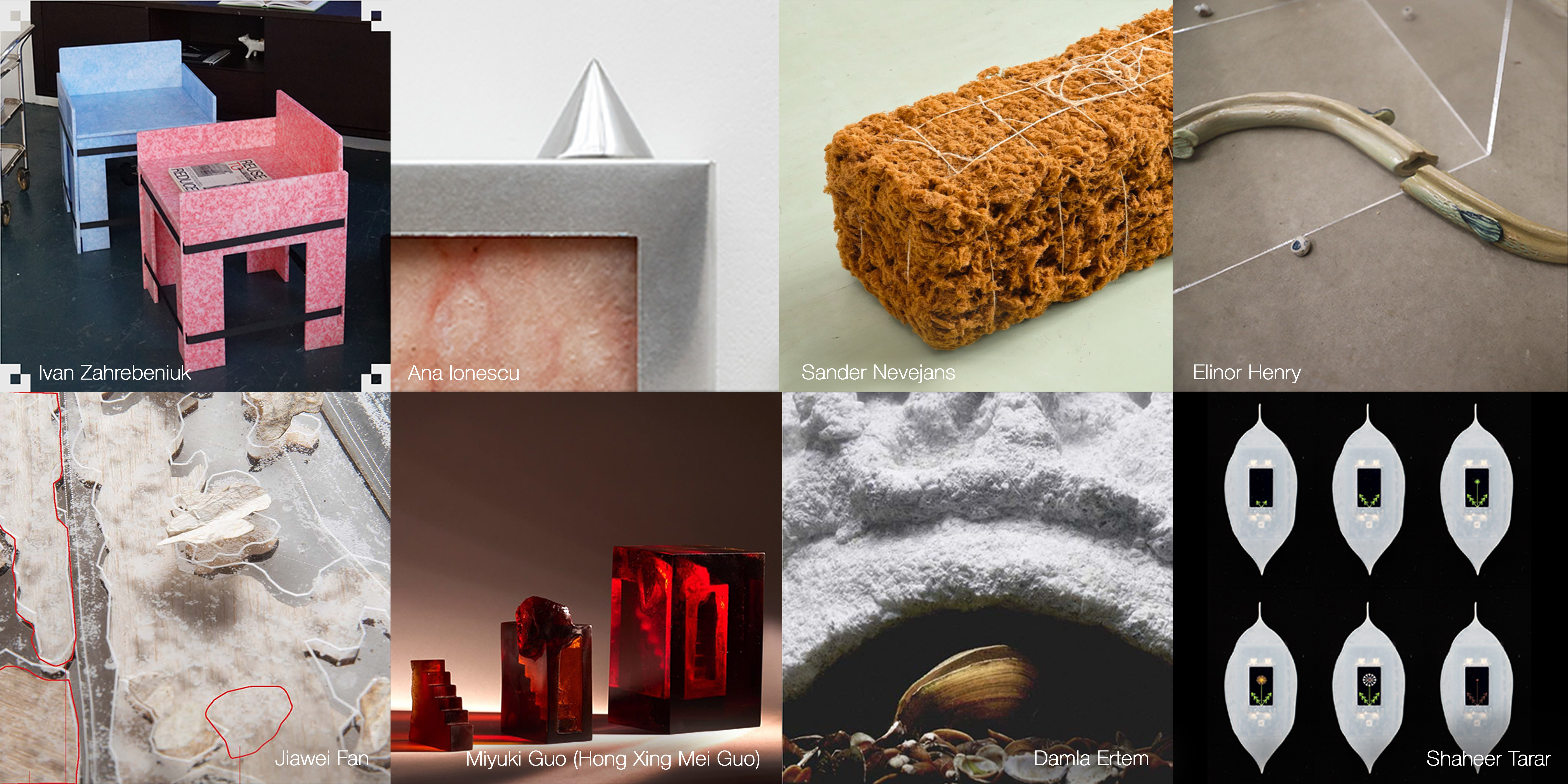8 square grids of 8 artists' work, chairs, painting, byssus block, ceramic eels, landscape, glass, mussel shelter, Dandielion