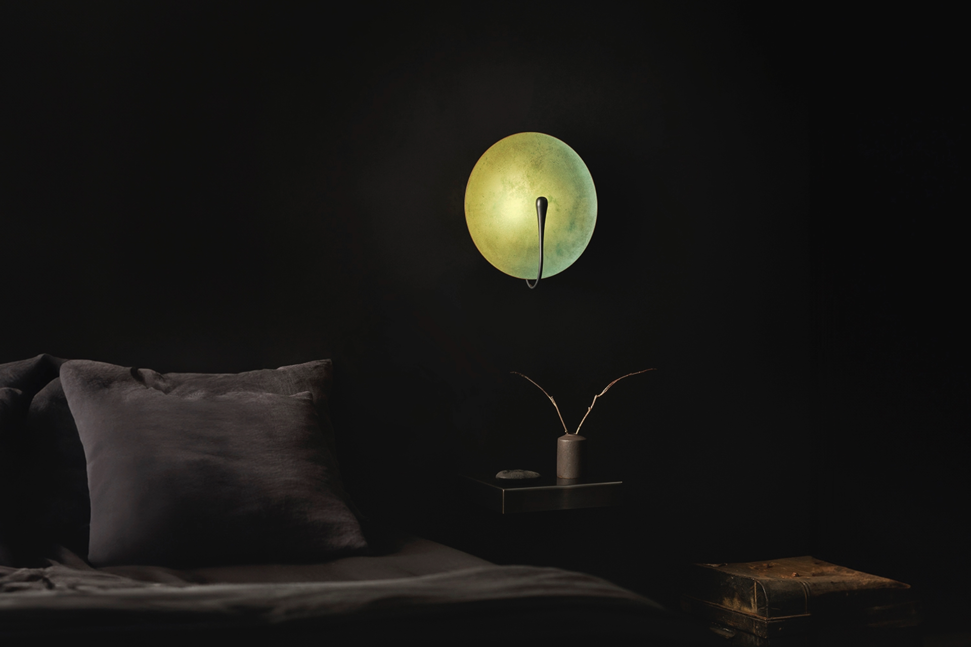 Verdigris Wall Light in dark bedroom
