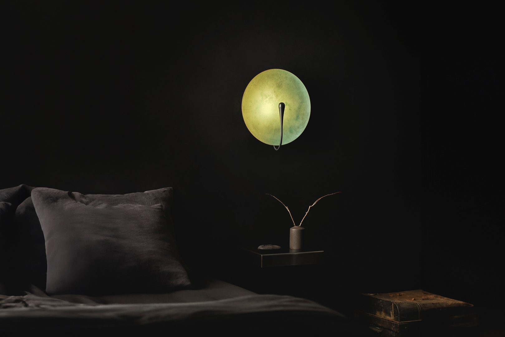 Verdigris Wall Light in dark bedroom