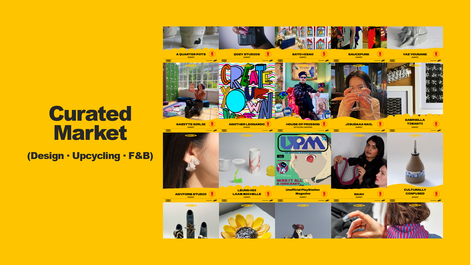 Open Lab curated market visual featuring participating makers in design, upcycling, and food & beverage.