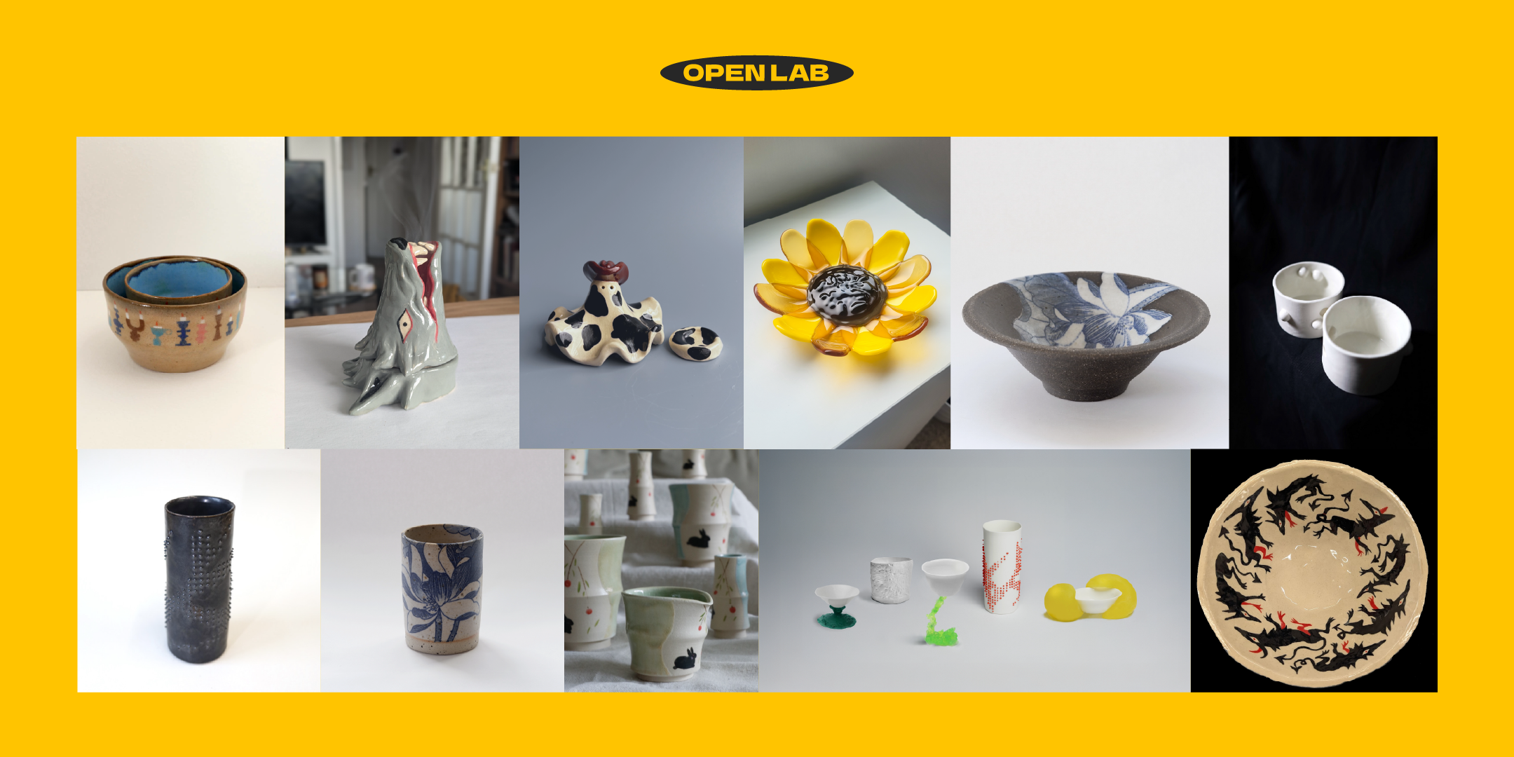 Selection of handmade ceramic bowls and vessels shown in different styles and colours.