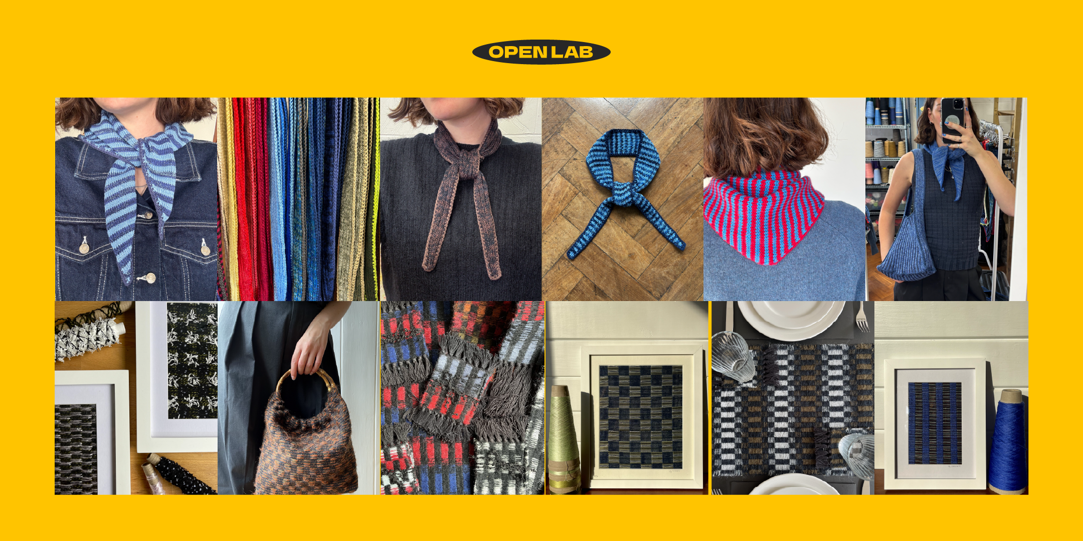 Handwoven textiles, scarves, and fabric artworks displayed together.