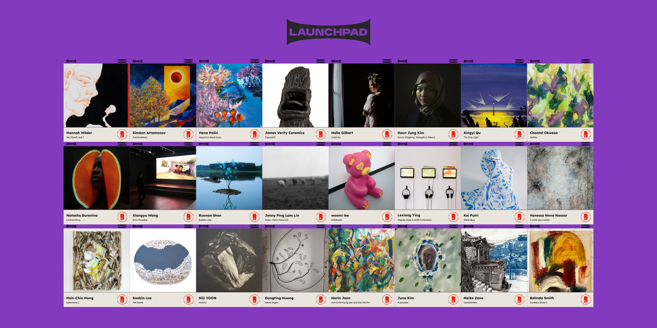 Launchpad exhibition poster presenting international emerging artists across multiple disciplines.