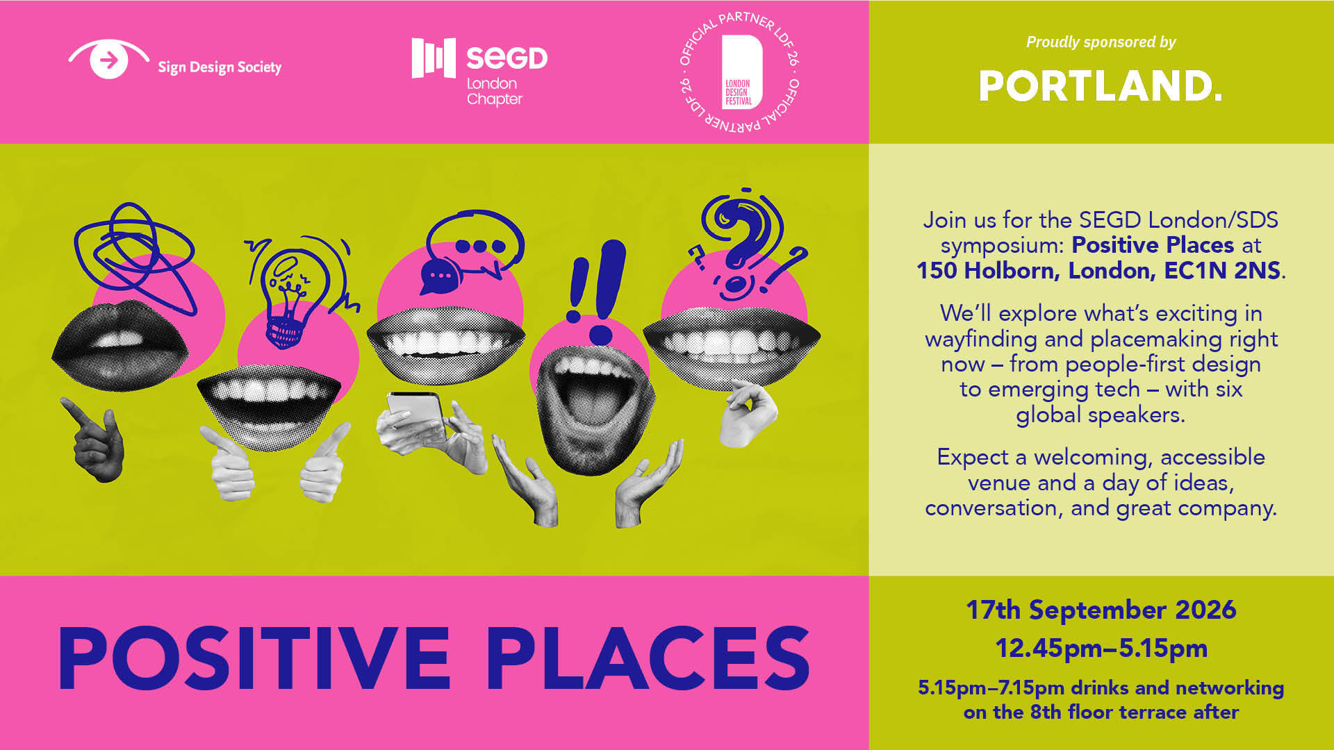 A bright green London Design Festival graphic featuring SDS and SEGD logos above six playful collage-style faces with pink c
