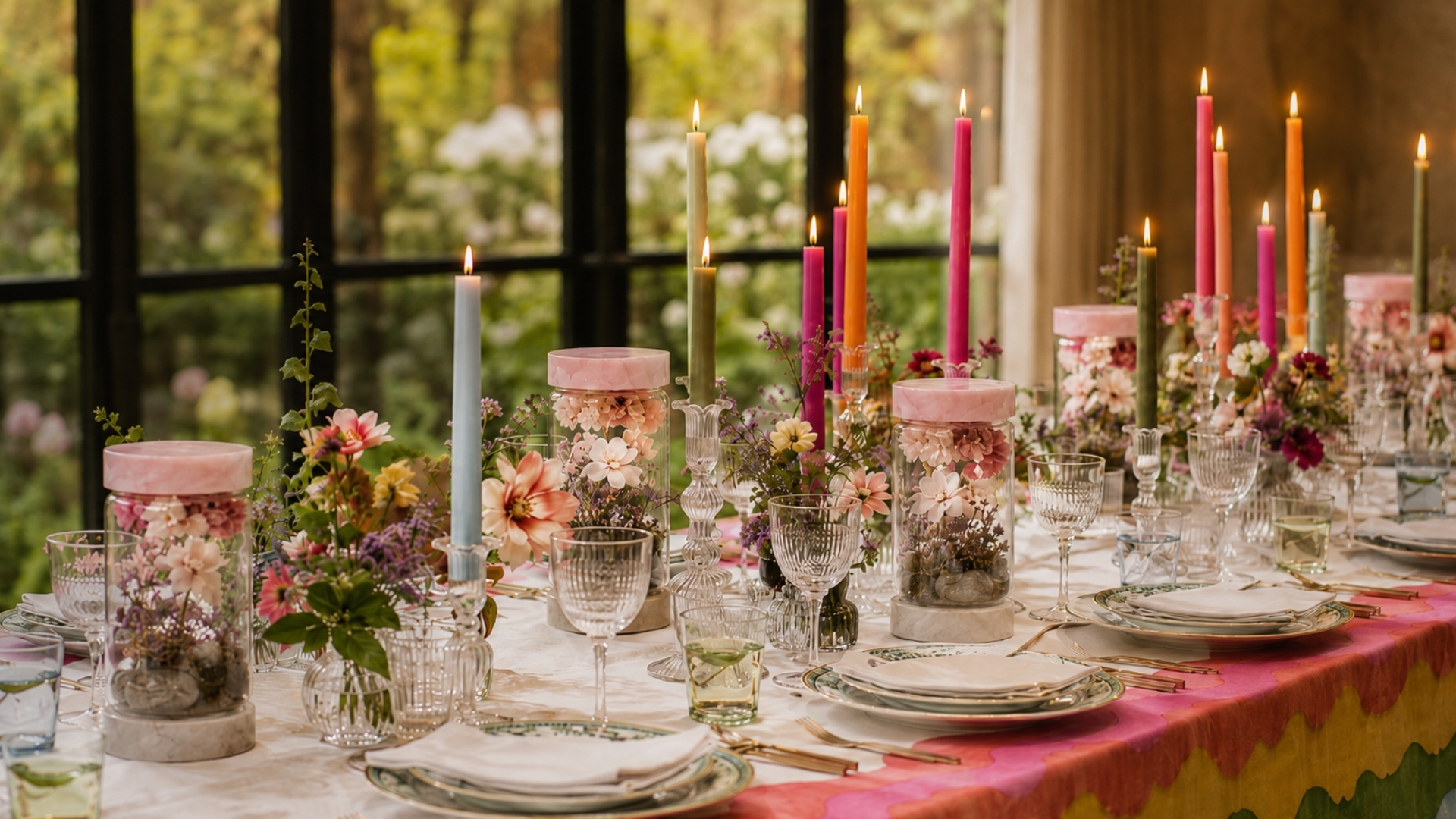 Contemporary workshop table with glass storage jars featuring pink onyx lids on a minimalist display with warm natural stylin