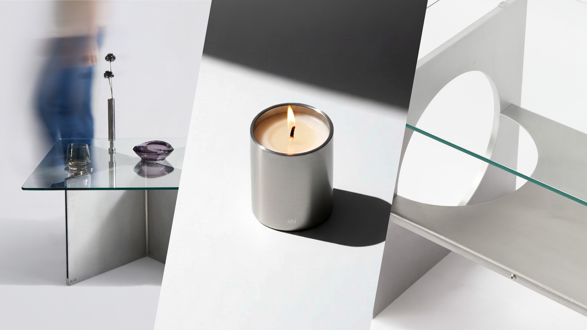 Scented candle designed by .obj and metal furniture pieces by Super Ornament