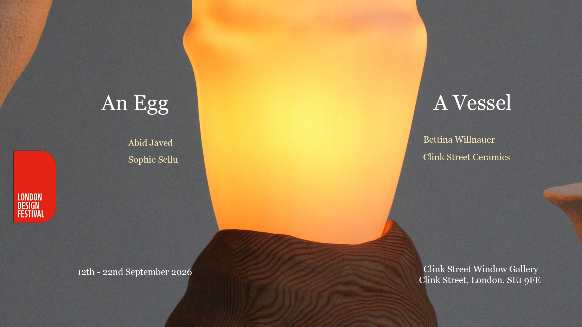 A ceramic lamp with details for the LDF presentation, featuring four designers.