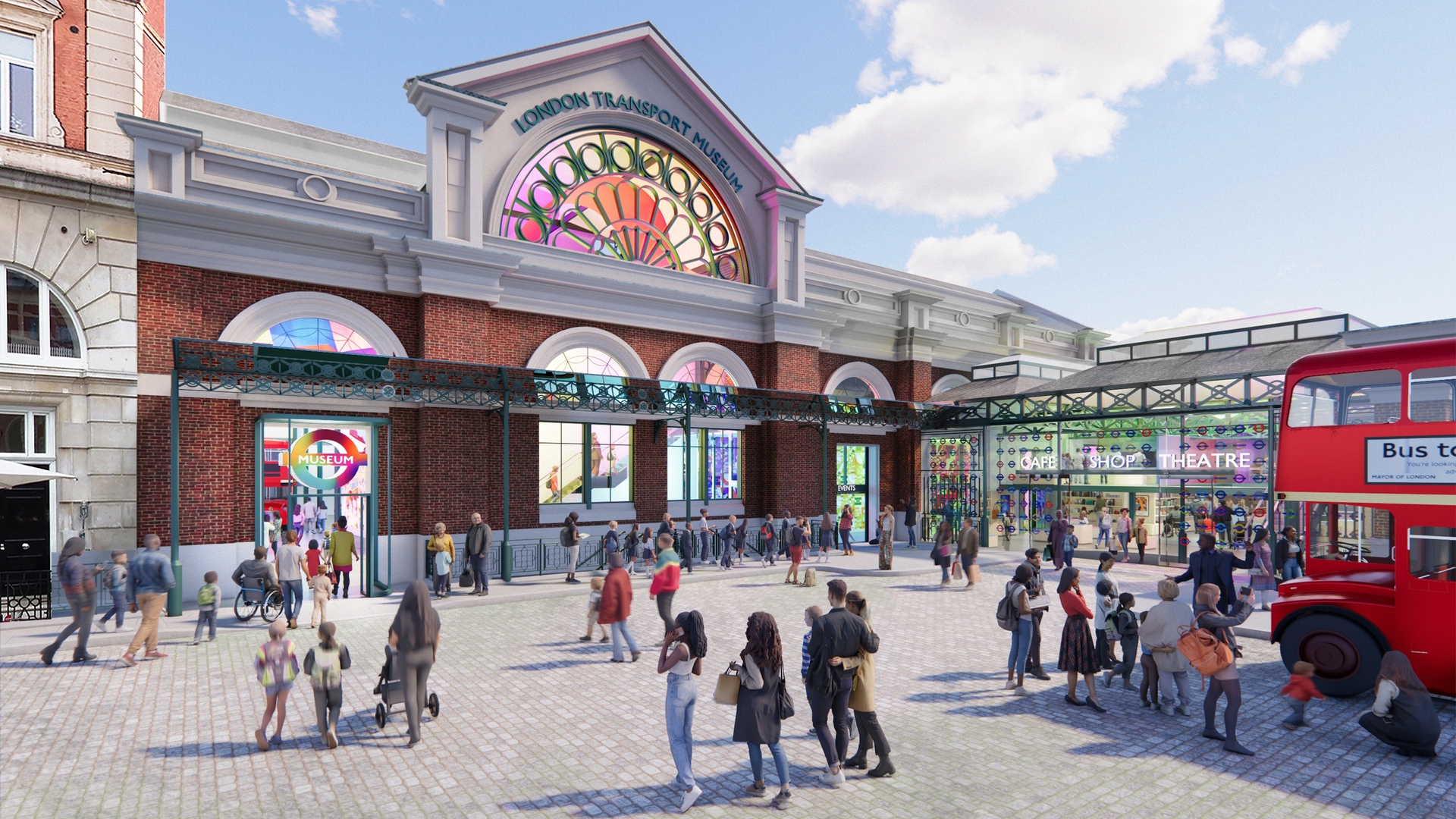 Illustration of the exterior of London Transport Museum, viewed from the Covent Garden piazza.