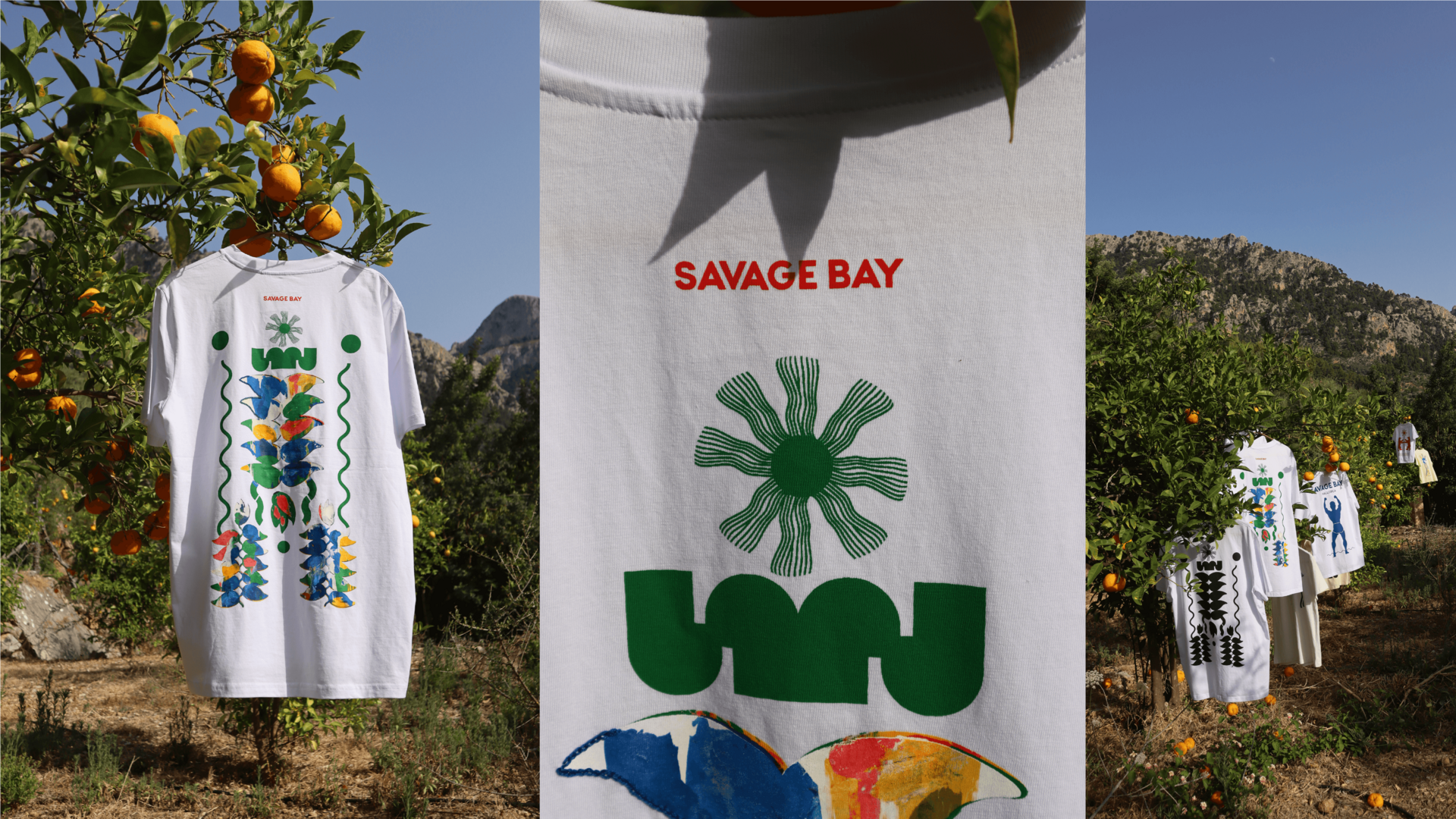 Multicoloured print featuring tropical flower, sun and wave elements.