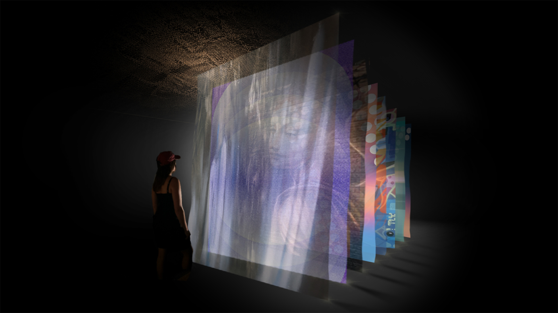 Visualisation of a JOY! Collective installation, light reveals overlapping layers of Shoreditch street art on suspended veils