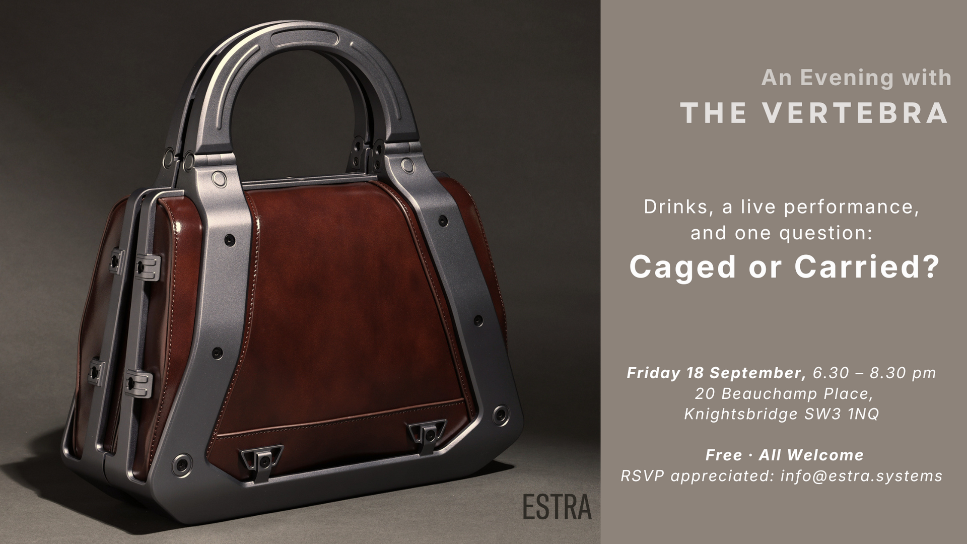 Left: An image of The Vertebra/Right: An invitation to ESTRA's event 18 Sept 6.30-8.30pm, 20 Beauchamp Pl. Knightsbridge