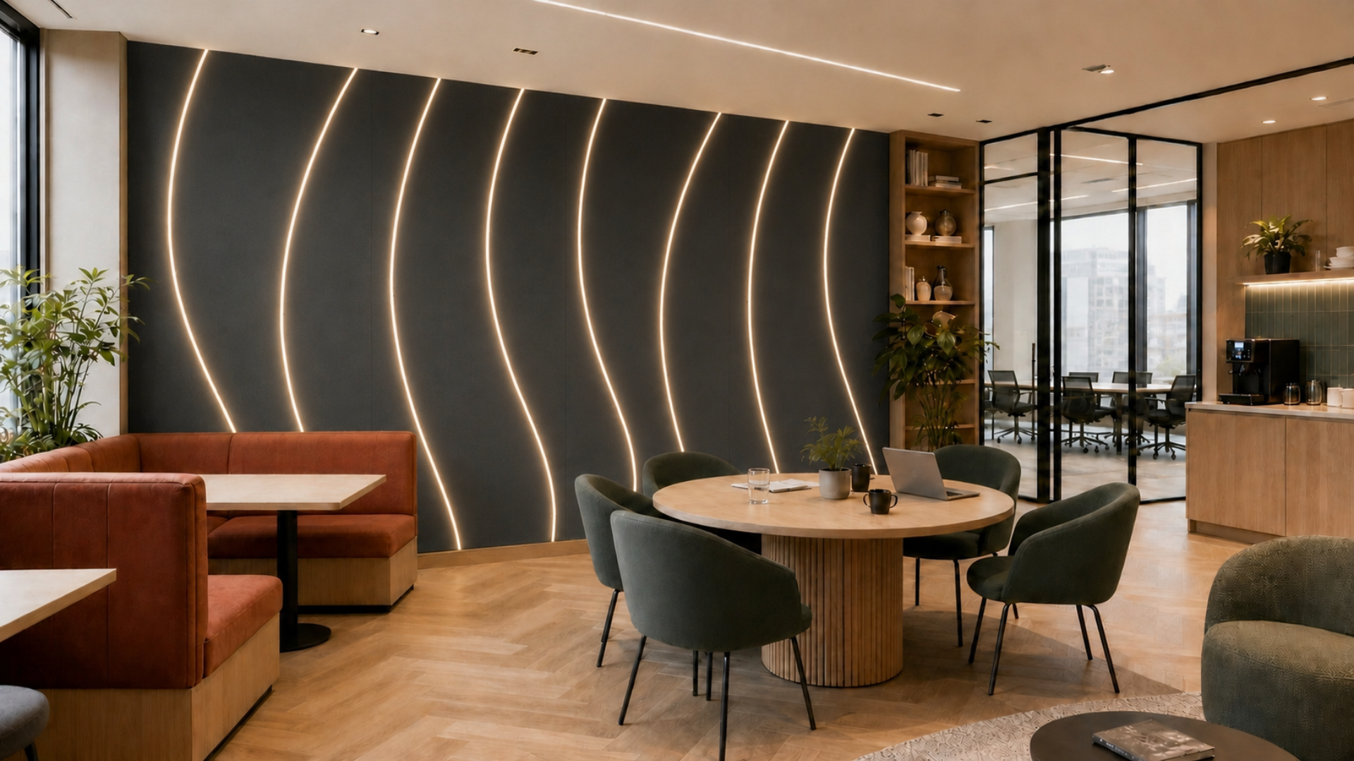 Interior with a large acoustic feature wall incorporating softly illuminated flowing lines.