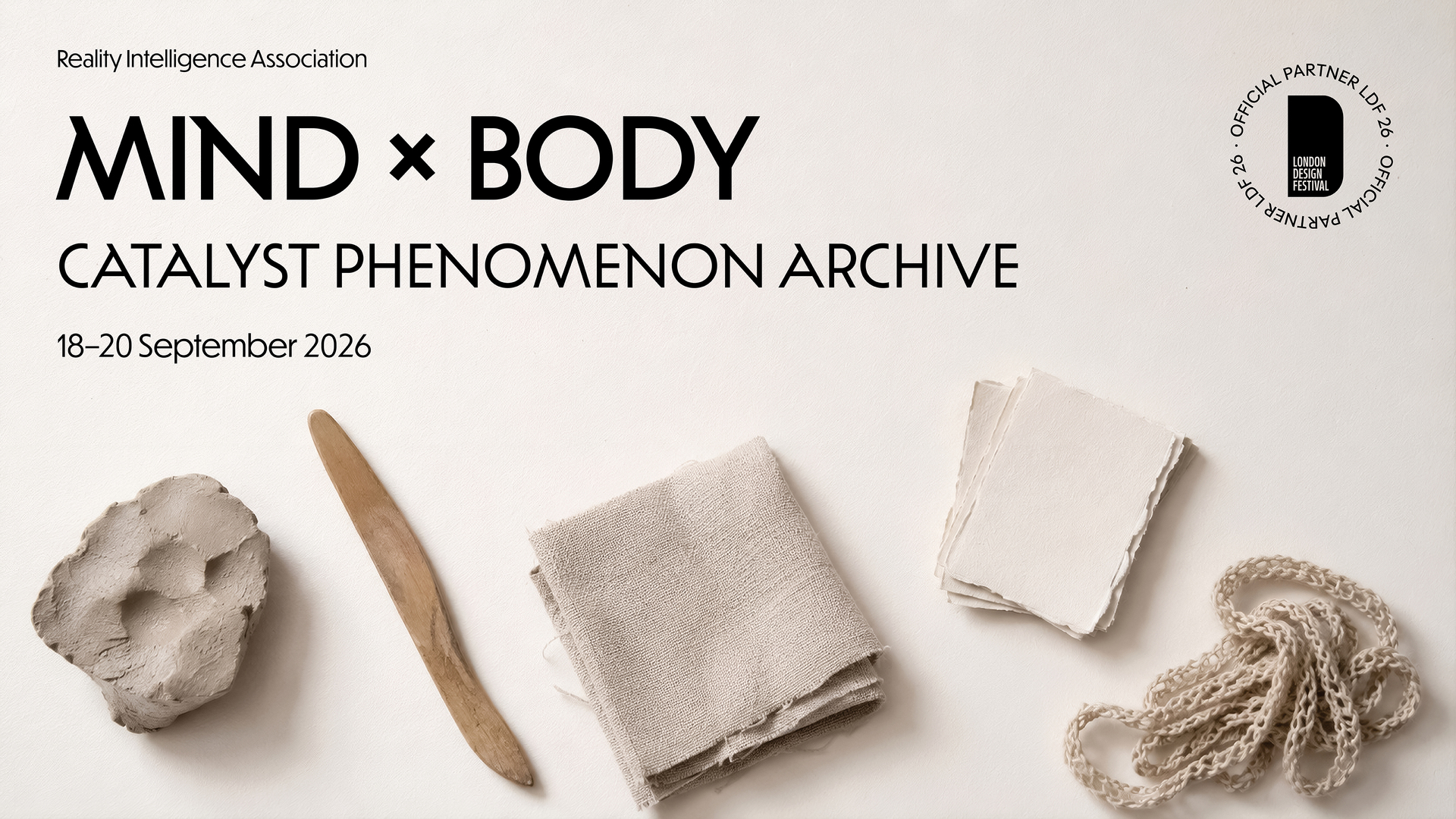 Five handcraft materials in a row on a pale ground below the exhibition title Mind x Body: Catalyst Phenomenon Archive.