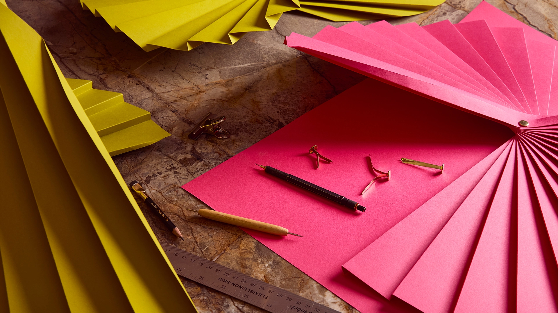 Hot Pink G . F Smith paper with pre-folds made for masterclass content at Uncommon Holborn