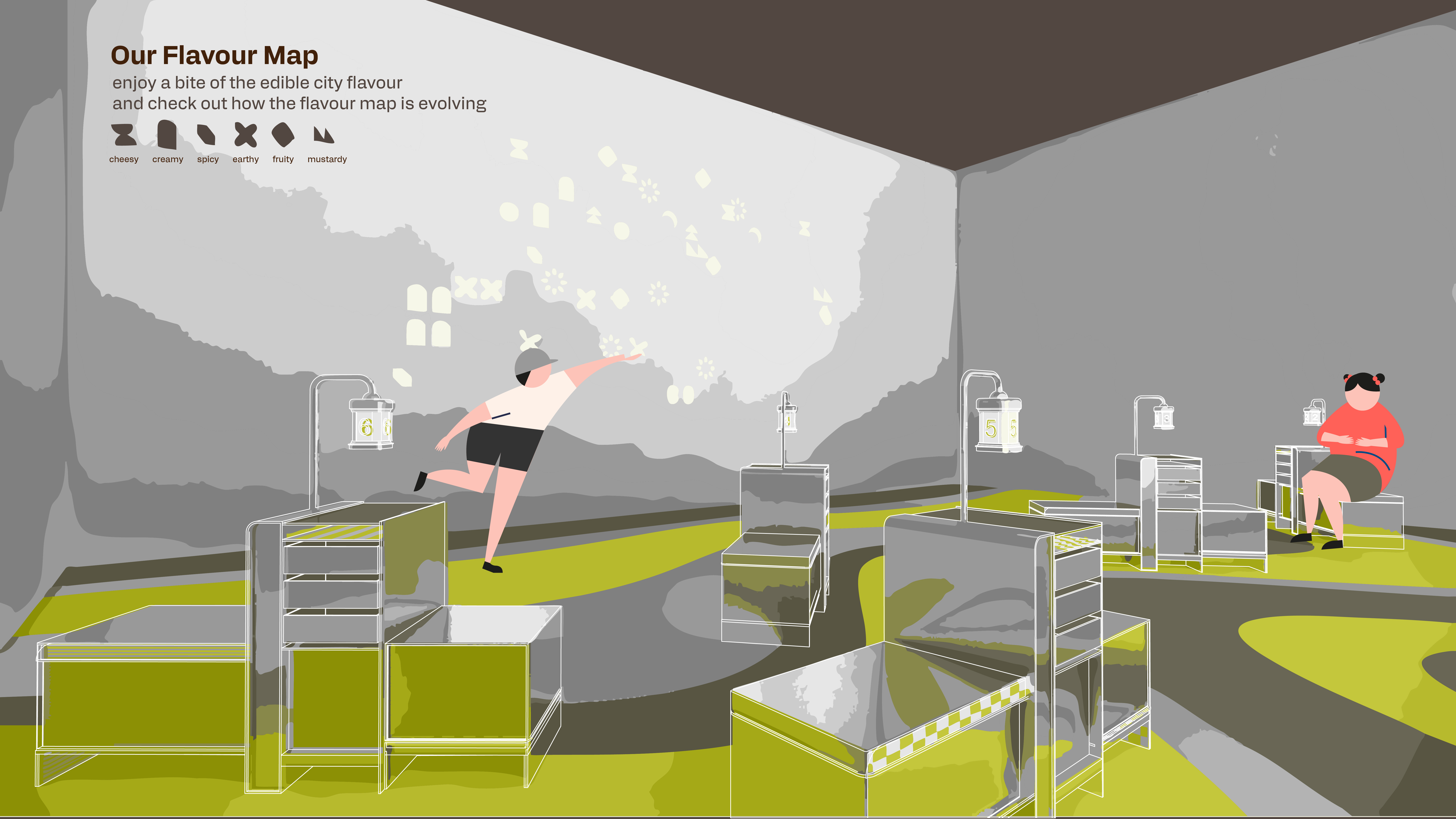 Illustration of the 'Flavour Library' entrance. Characters gather at a machine to taste neighbourhood flavours. #LDF25