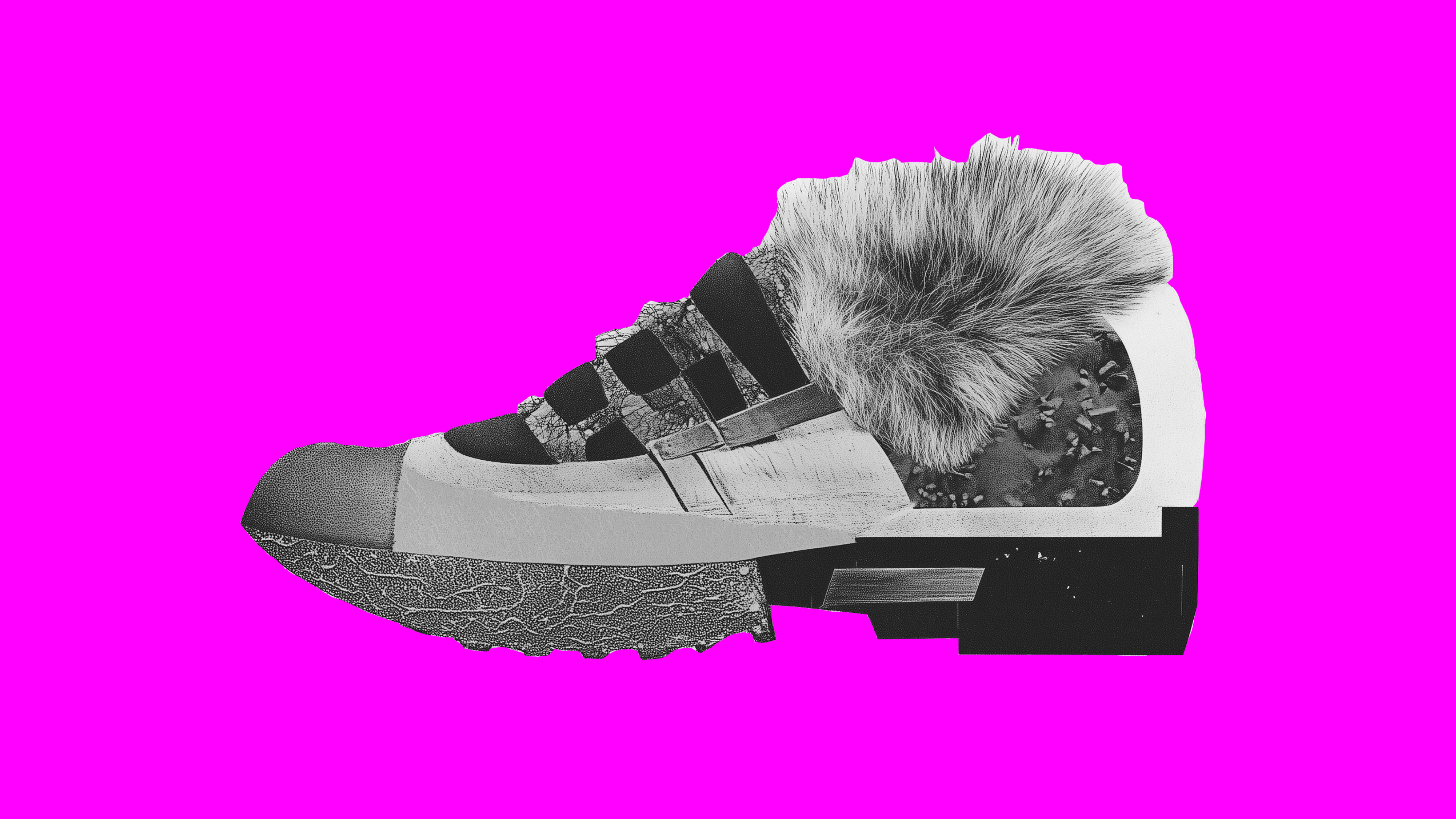 Concept sneakers with fur accents, designed from innovative biological materials for a sustainable future.