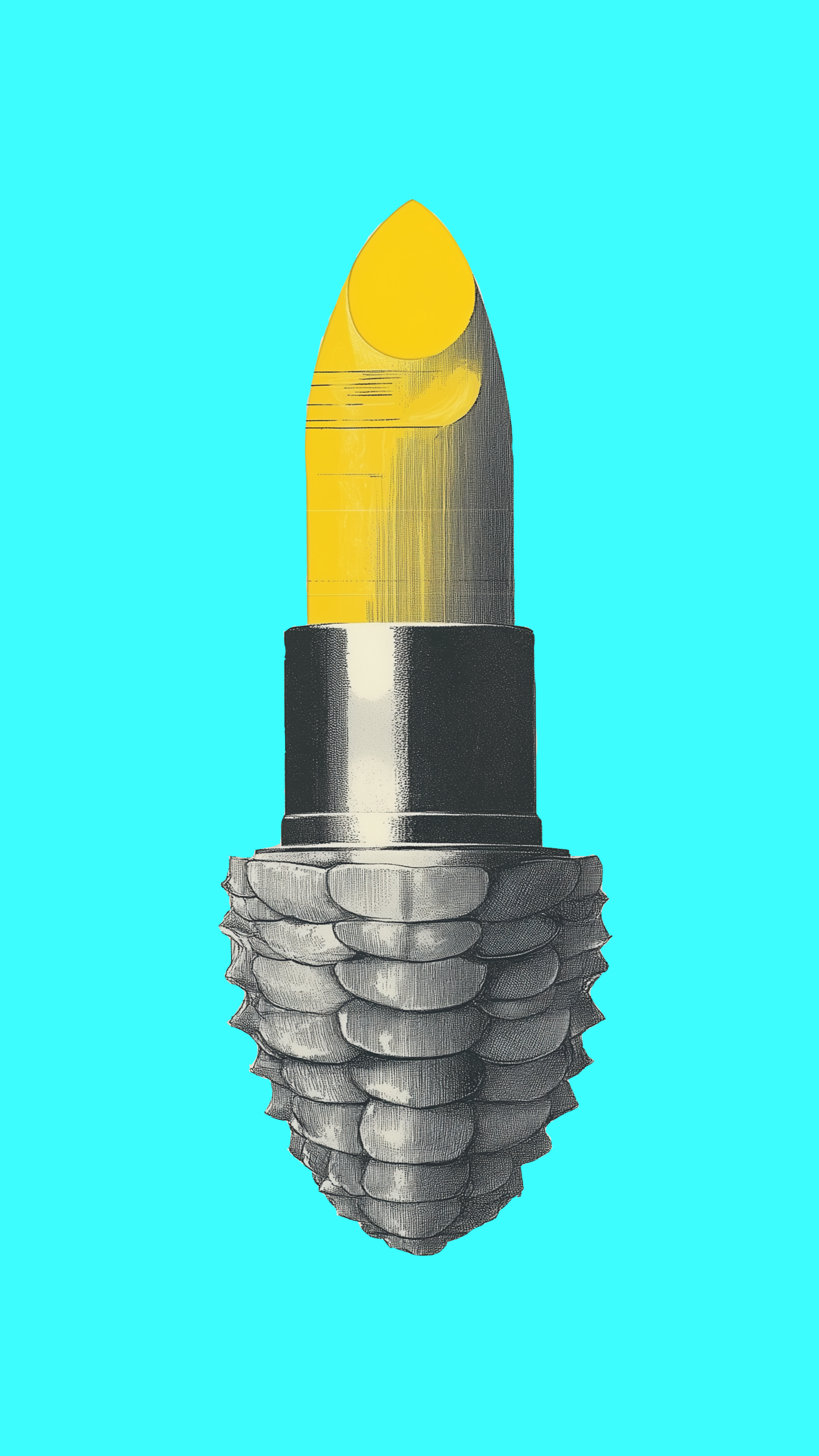 A unique lipstick packaging concept resembling a pine cone, with a striking yellow and black tube adorned with spikes.