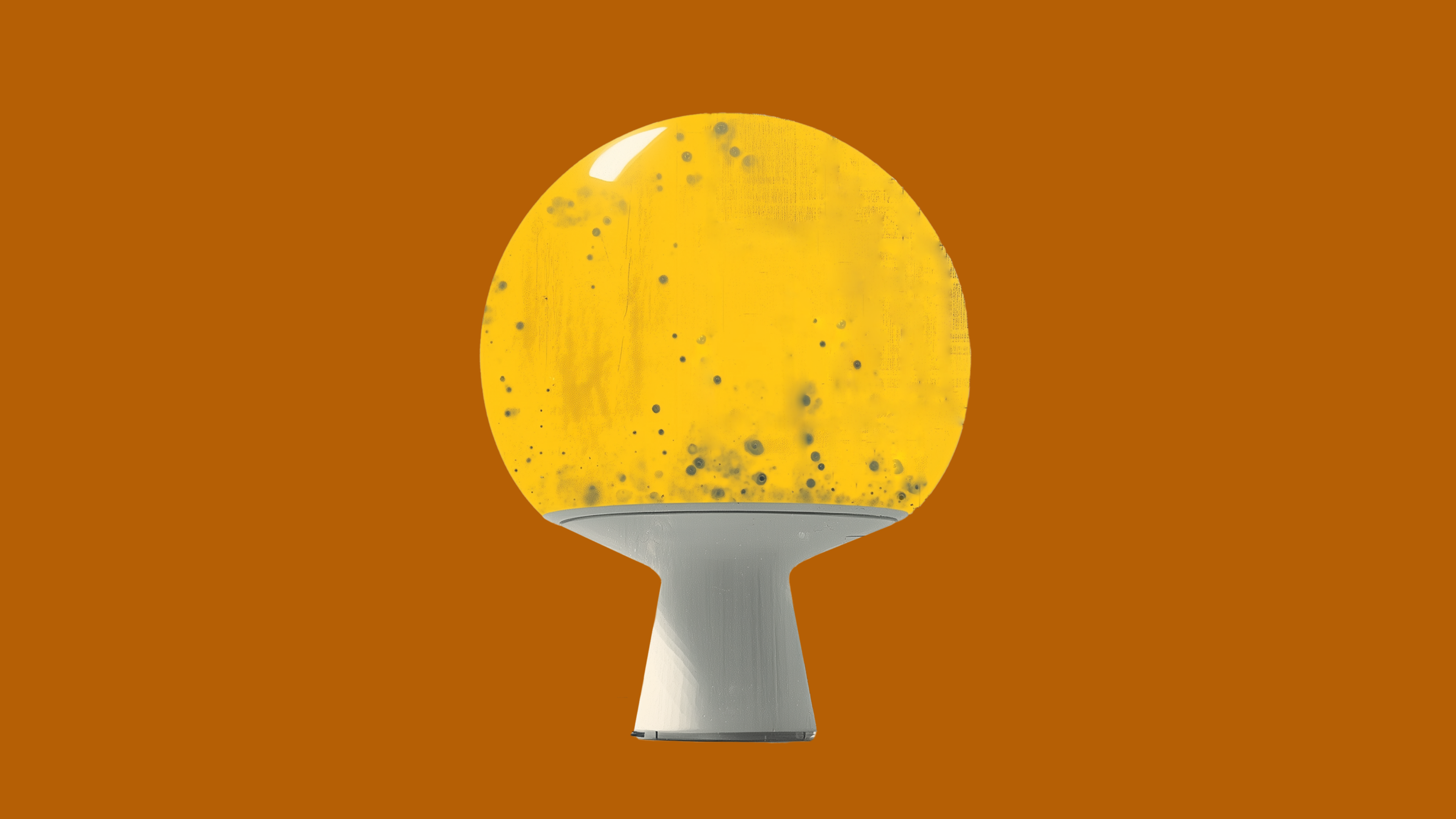 A futuristic yellow lamp with a liquid bulb filled with glowing microbes, set against a warm brown background.
