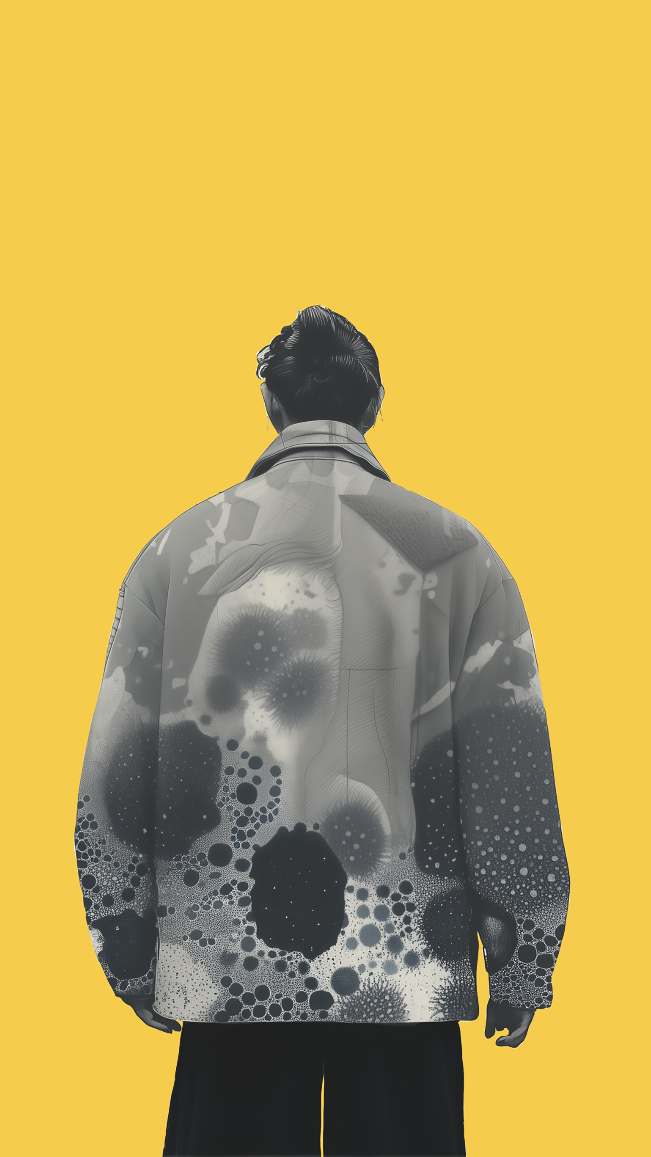 A person wearing a black and white patterned jacket made from innovative microbial materials.