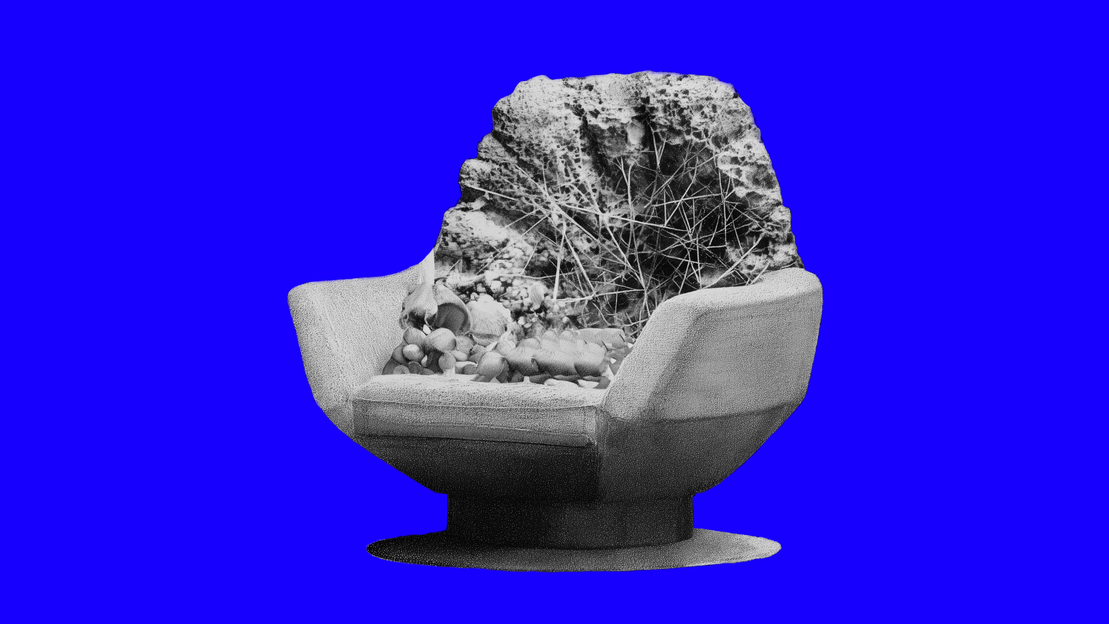 A brutalist chair grown from fungi and coral with a rock-like appearance set against a vibrant blue background.