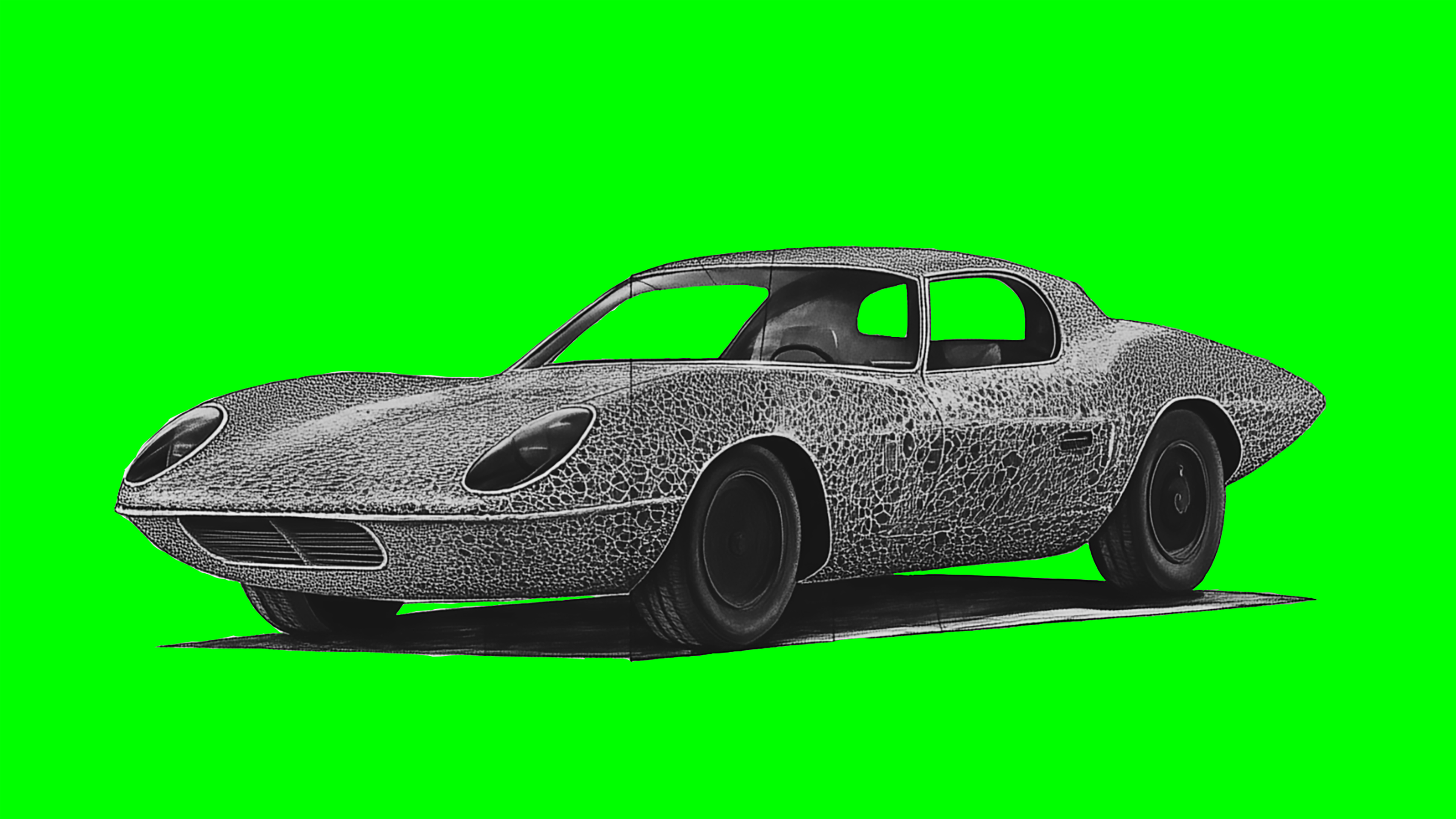 Black and white rendering of a retro futurist car with biological skin on a bright green background.