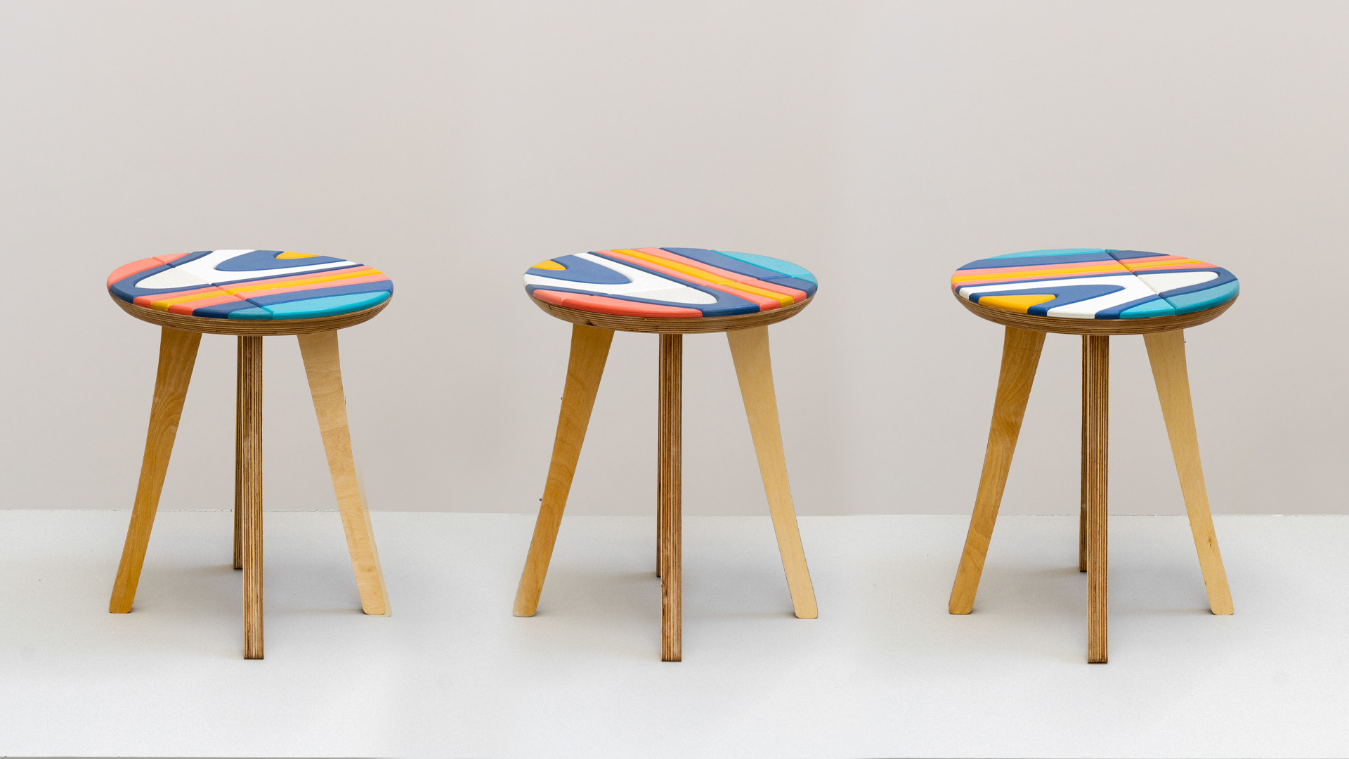 Painted in bold tones, each piece works as a standalone object or as part of a dynamic set.