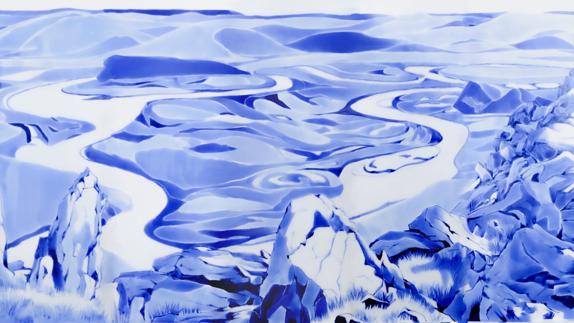 Ceramic blue and white glaze painting of Mongolian land featuring mountains and rivers