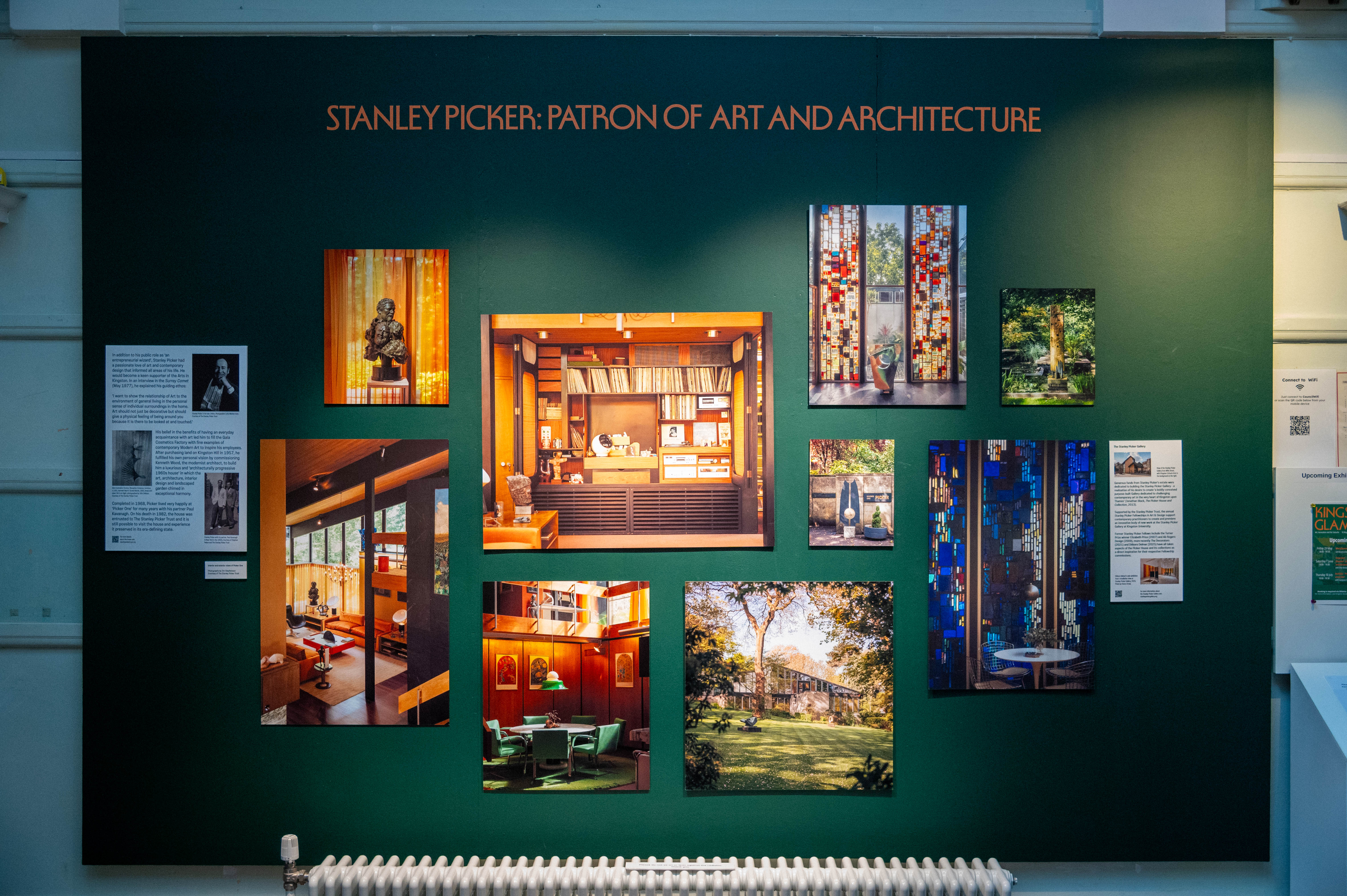 View of display wall of photographs of the interior and exterior of Stanley Picker House 