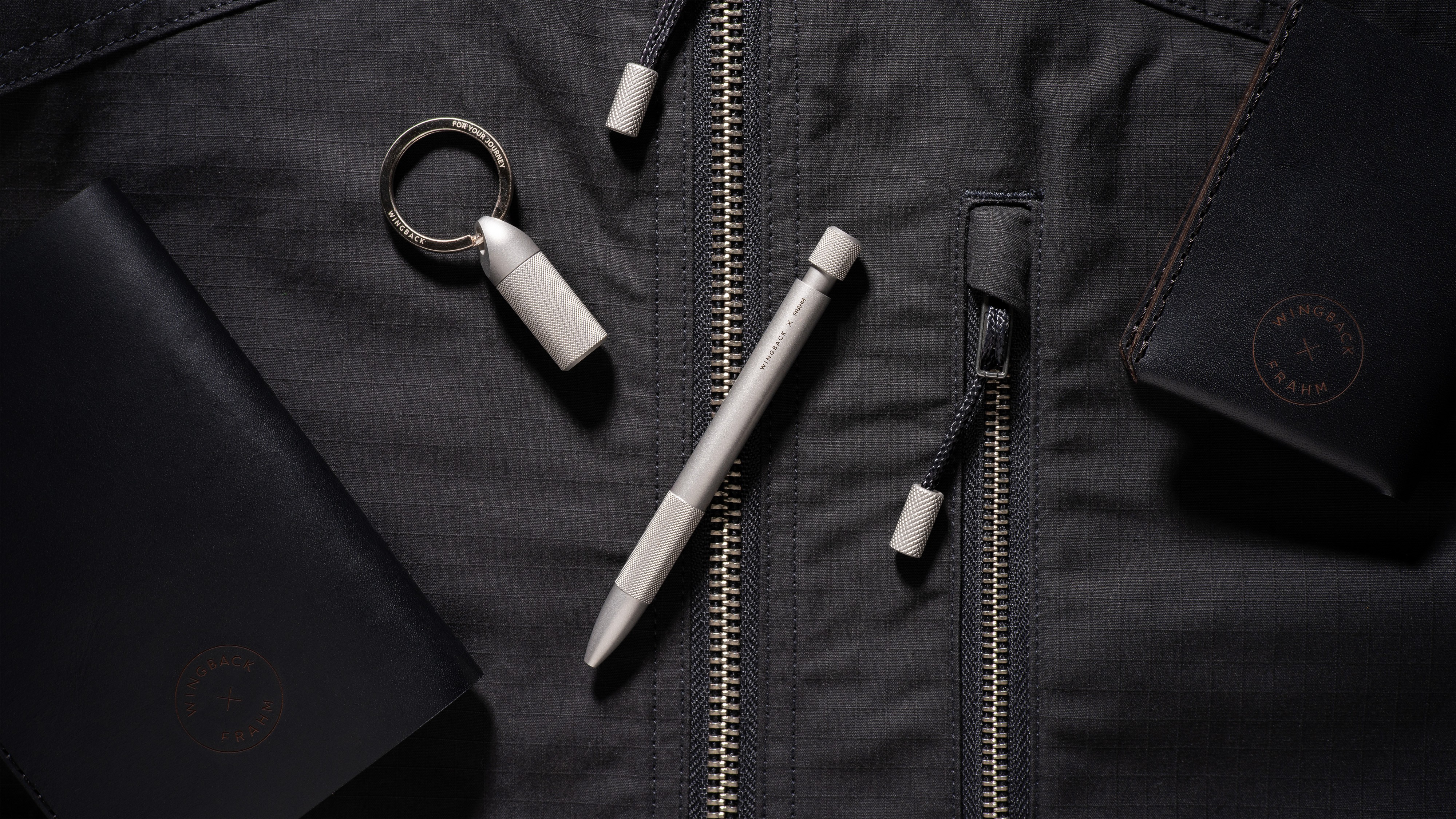 Image of mechanical and leather stationery on top of a jacket.