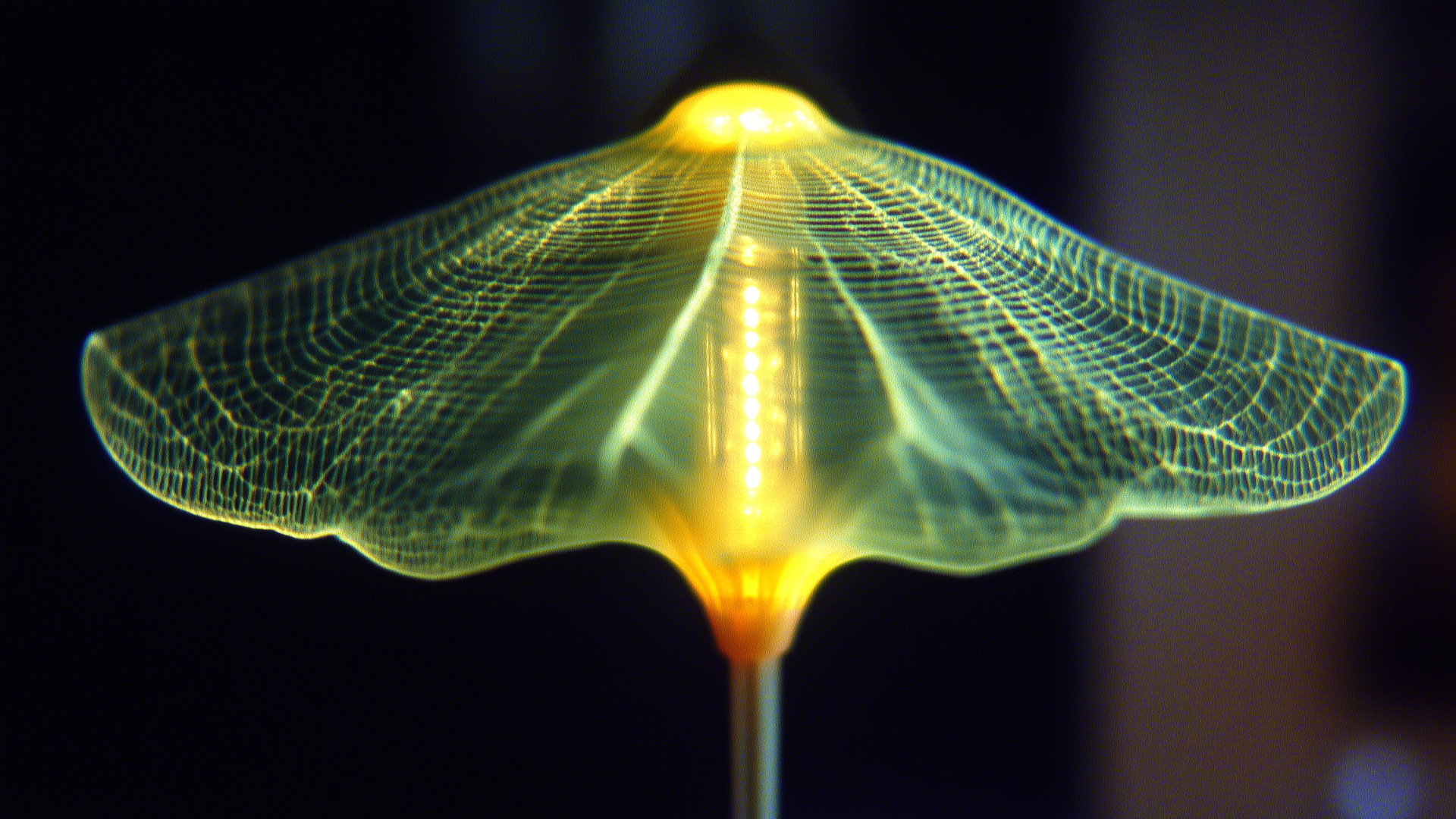 A biofabricated living lamp grown from a photosynthetic material emitting a soft ethereal glow through its transparent shade