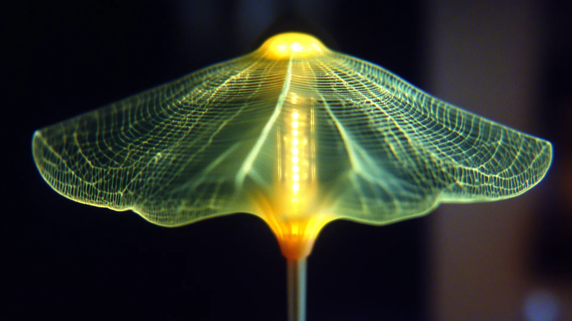 A biofabricated living lamp grown from a photosynthetic material emitting a soft ethereal glow through its transparent shade