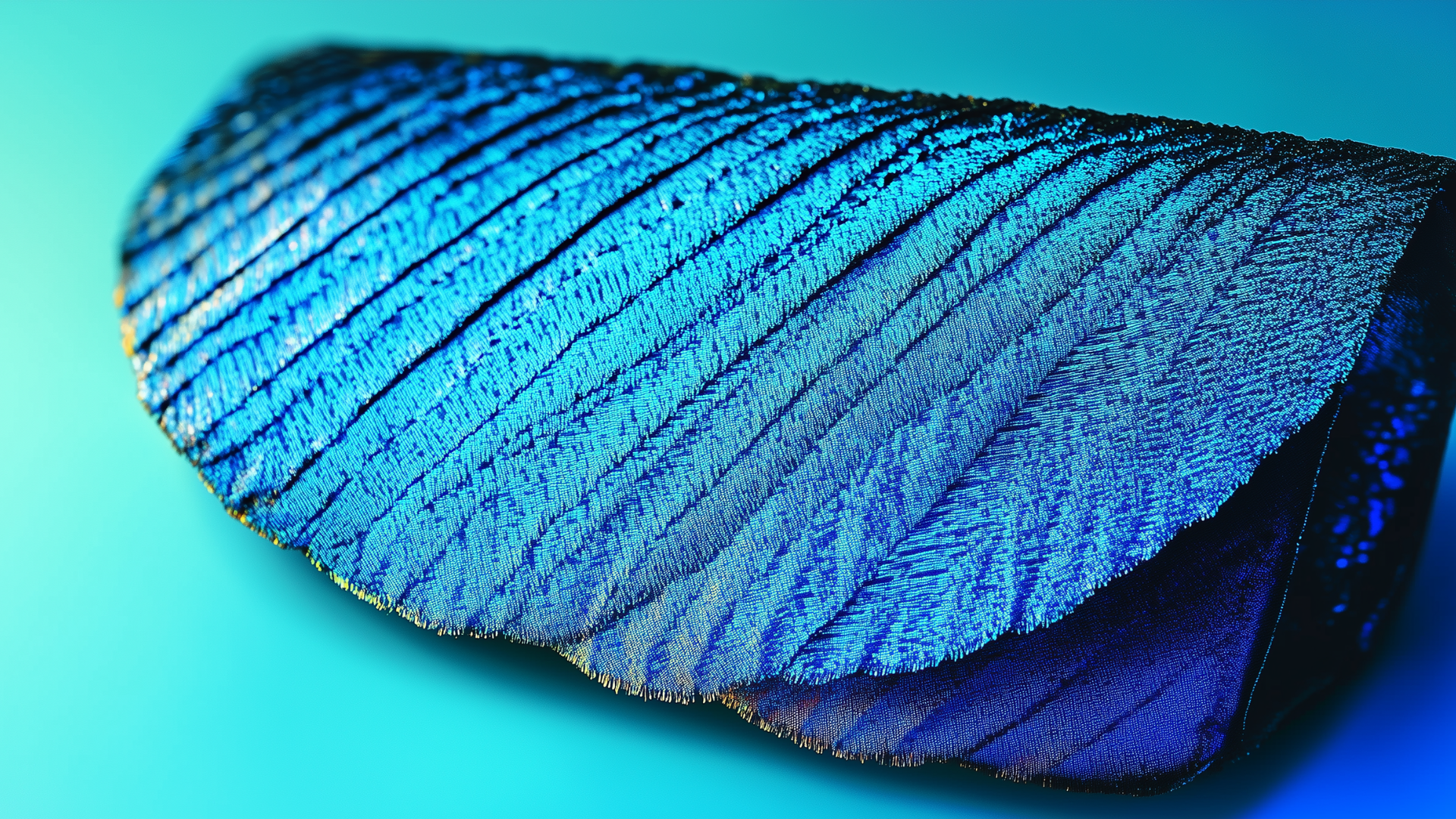Handbag with shimmering blue surface grown from iridescent butterfly-like scales that create color structurally, not via dye