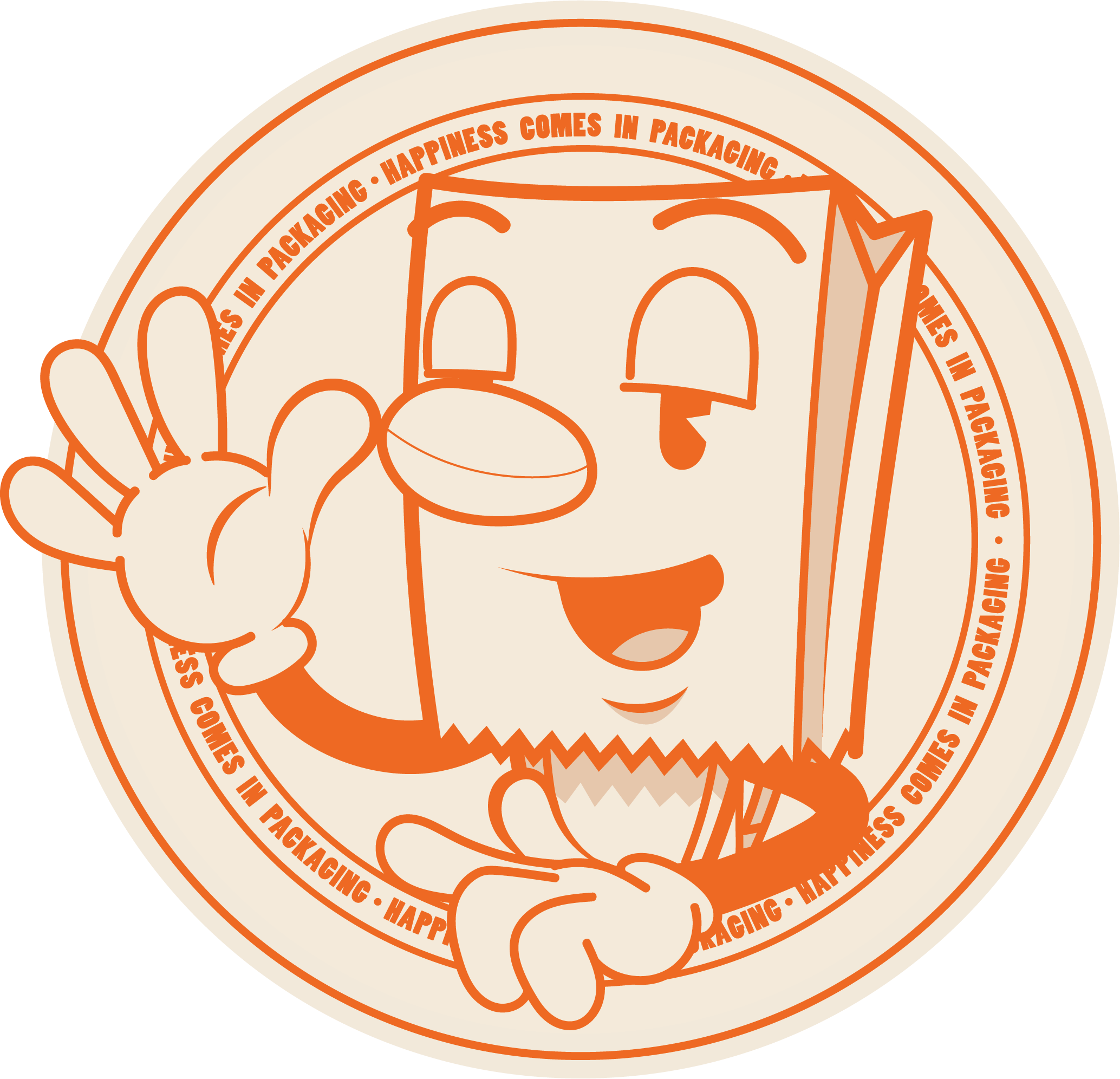 brown paper bag mascot waving from circle. text circling "happiness comes in packaging"