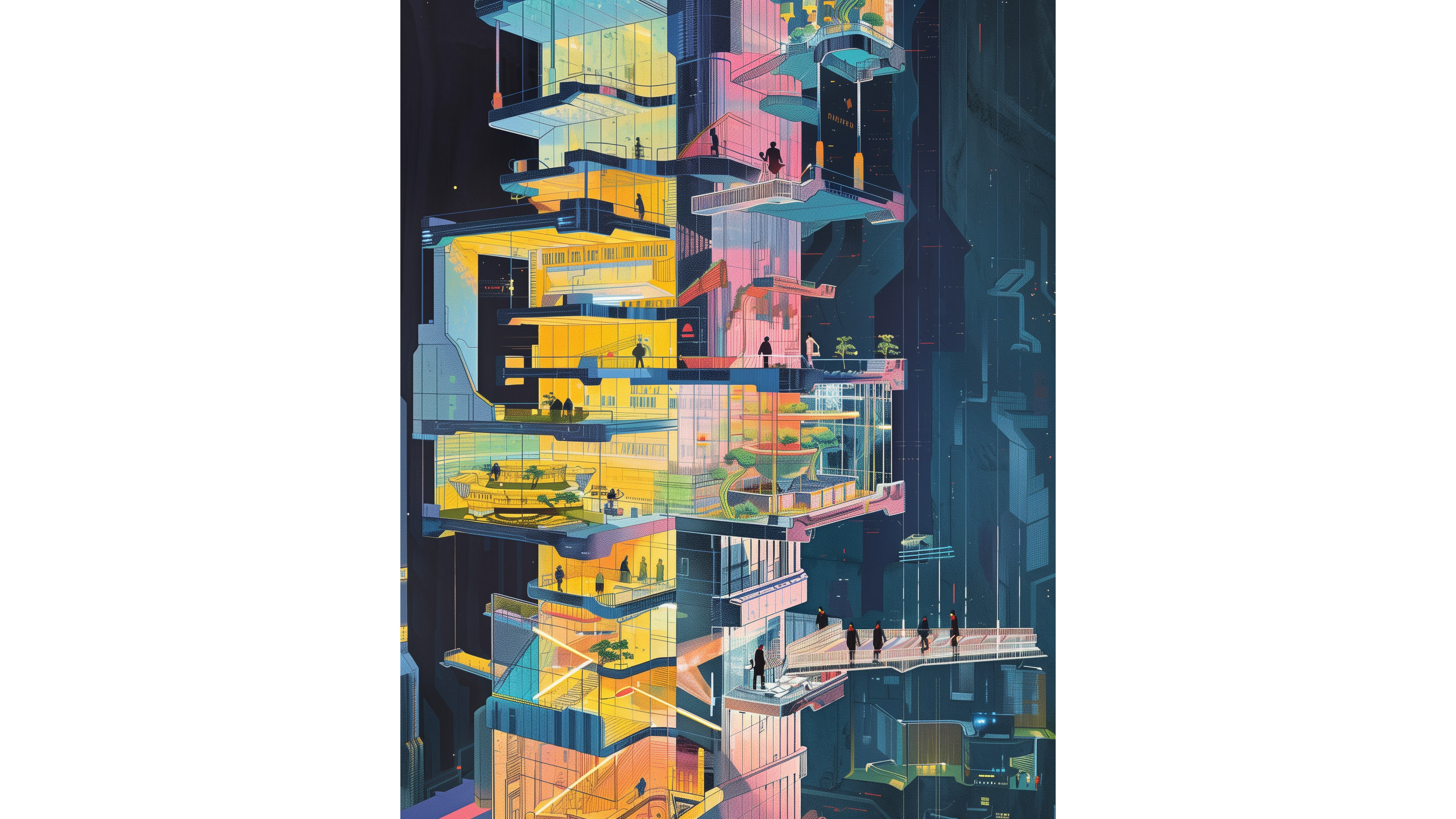 A colorful architectural illustration showing a multi-level vertical building with interconnected platforms, created by Hengm