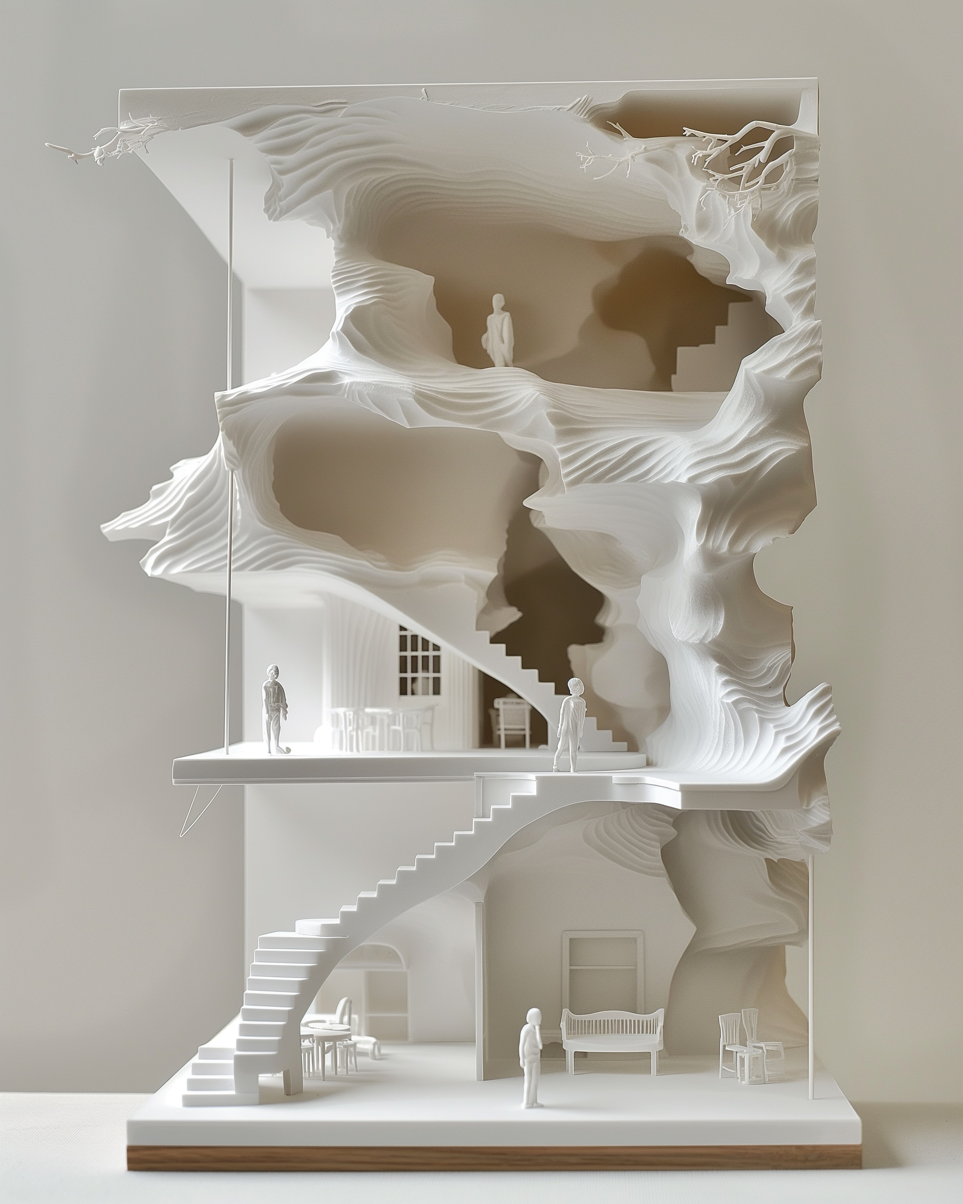 A white architectural model titled “Erosion of Time and Memory,” showing a multi-story structure eroded into flowing organic 