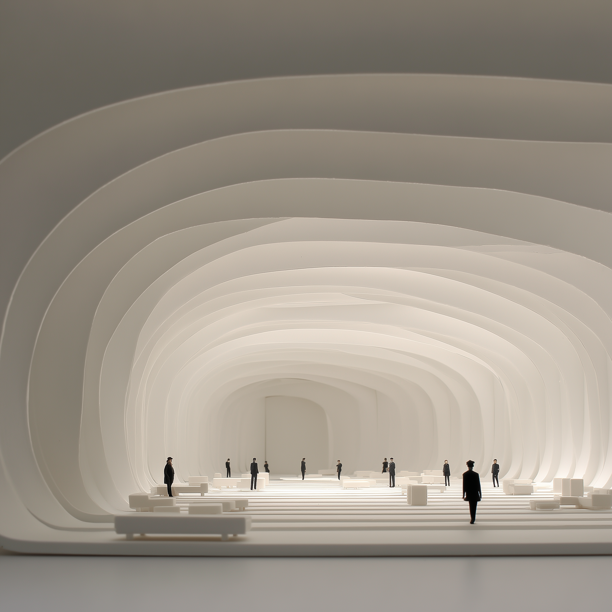 An immersive architectural space titled “Gradient Light,” with layered curved walls and a soft gradient of white light leadin