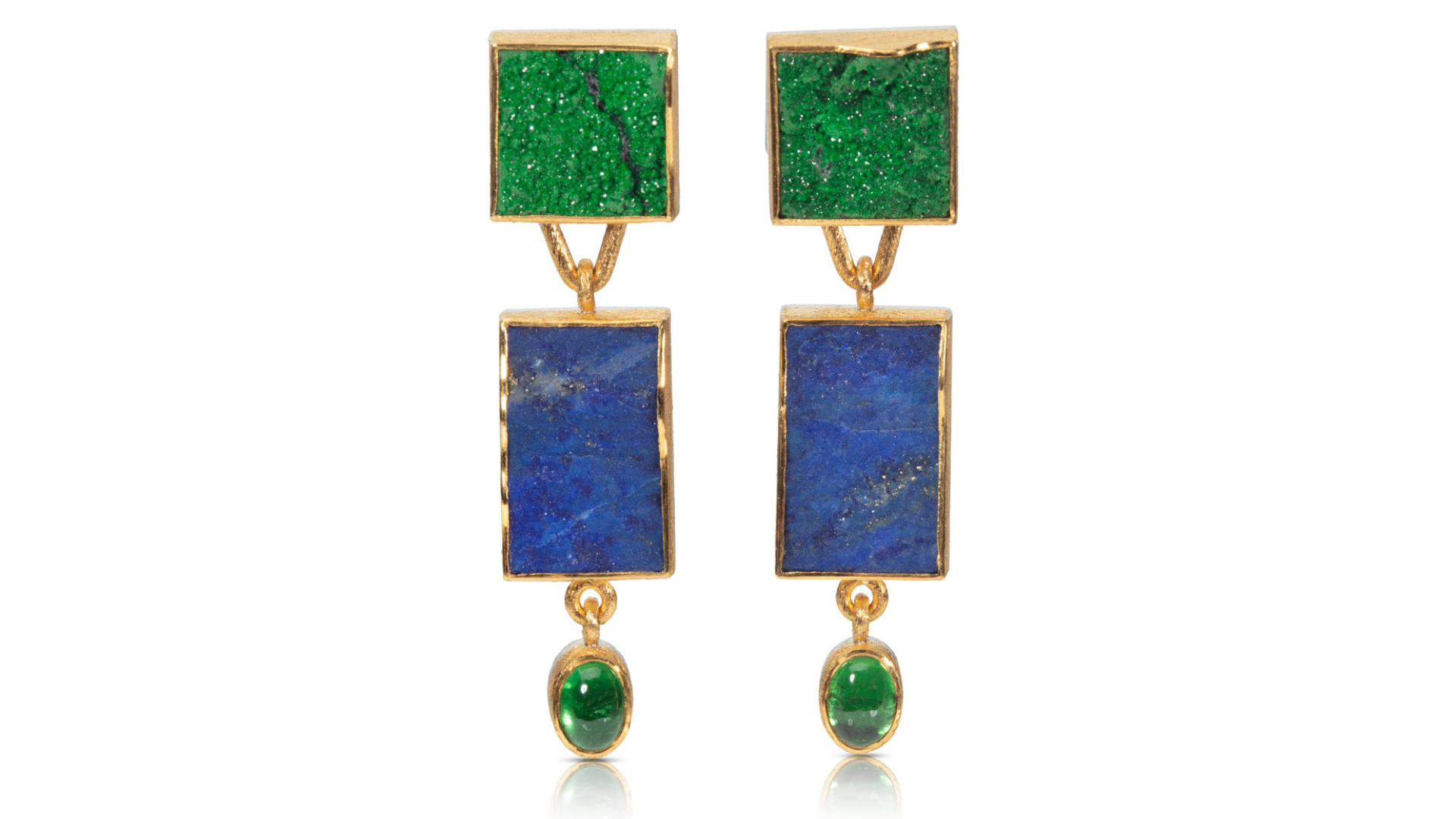 Image of a pair of green and blue gold earrings.