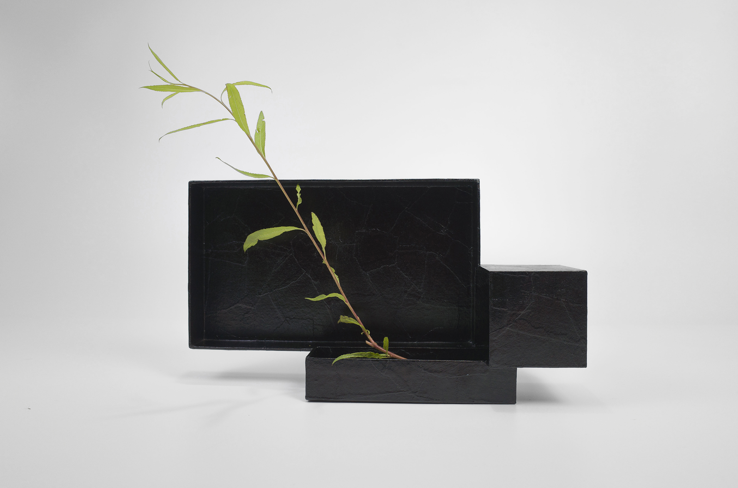A lacquerware functioning as a vase that changes direction by different scenarios to adjust its apperance
