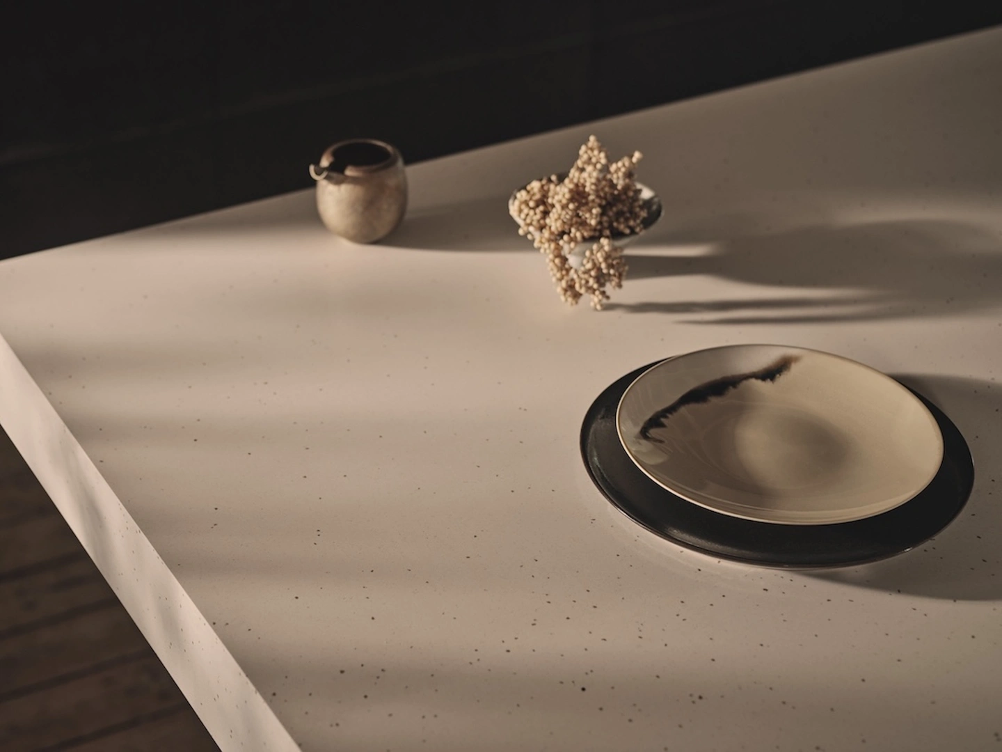 Elenite by LCI, a forward-thinking solid surface that is inspired by nature, used for a kitchen worktop.