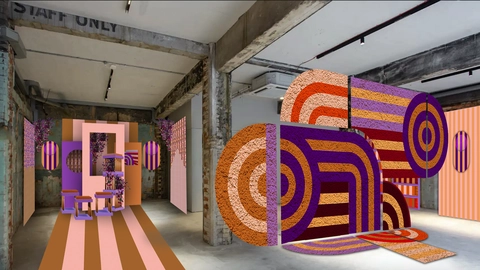 The image shows an industrial room with unrendered walls & columns, adorned with rich coloured striped products and fabrics.