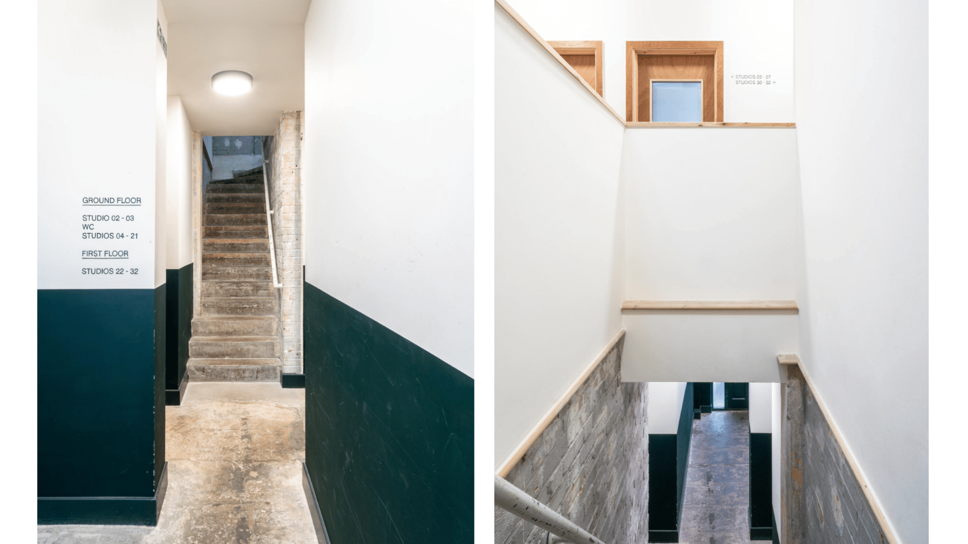 Internal corridors and stairways of Standard Studios showing the exposed concrete, raw woodwork and green and white paint.
