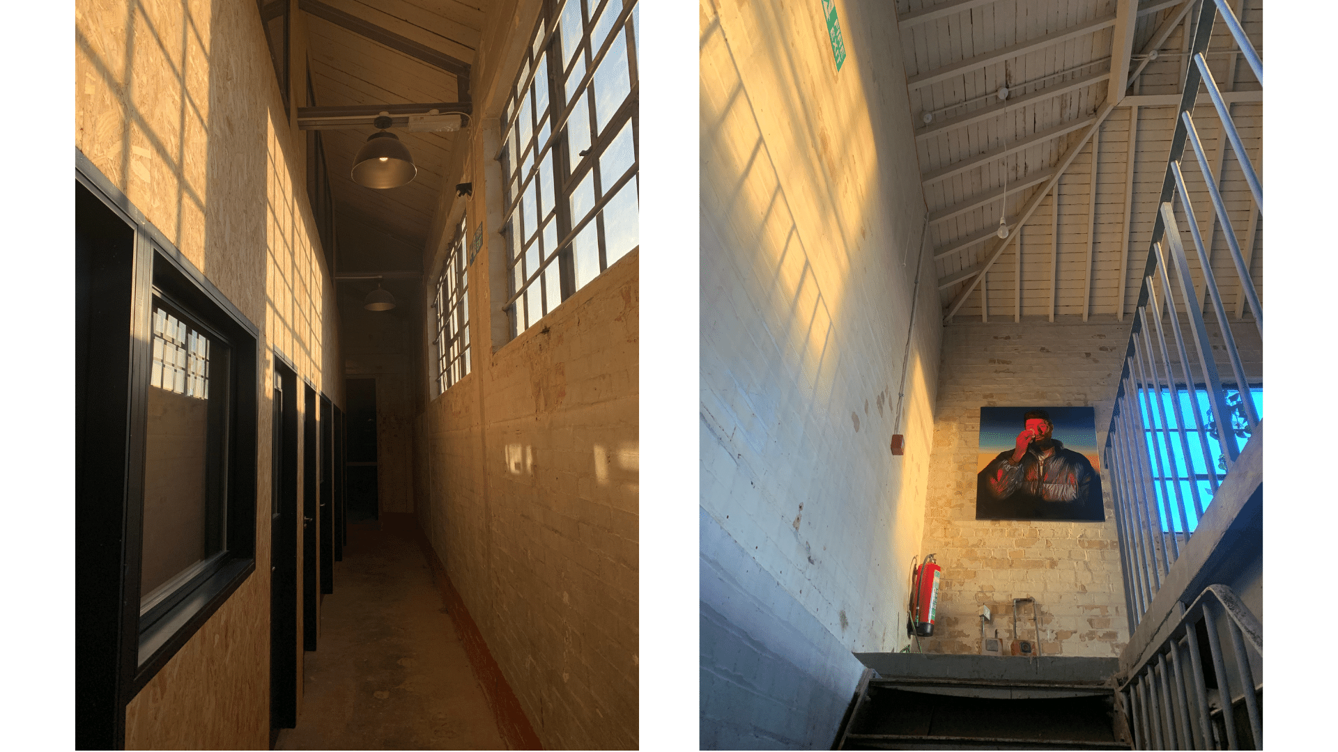 Golden hour light streams through the Crittall windows into the corridors and studios at Standard Studios.