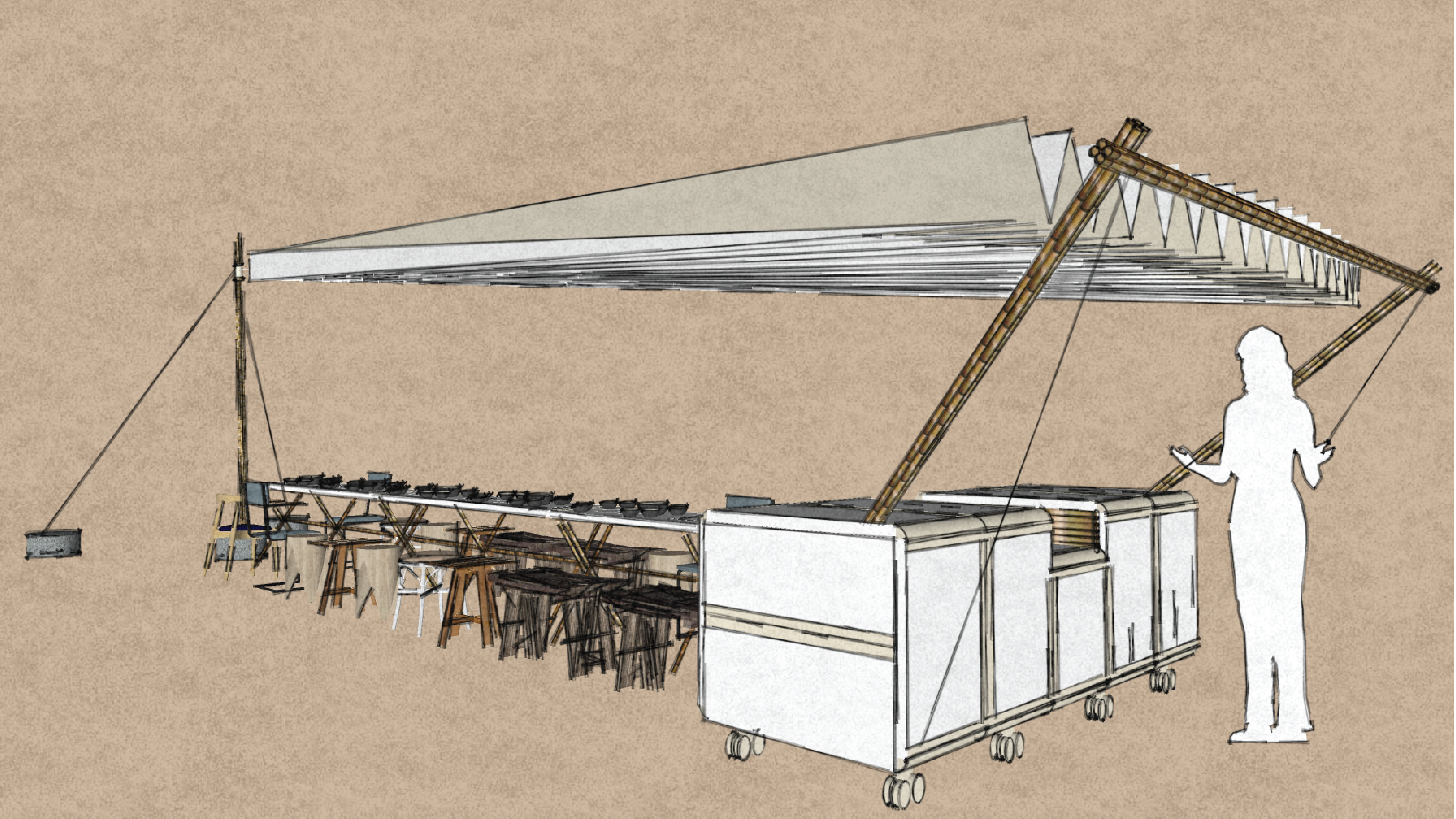 A sketch of the pop up structure, made of low carbon bamboo, recycled envirohoard panels and tyvek. 